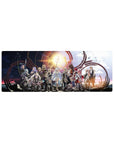 32x12 inches anime mouse pad with full party lineup under sun sigil, crimson arcs, capes and armor.