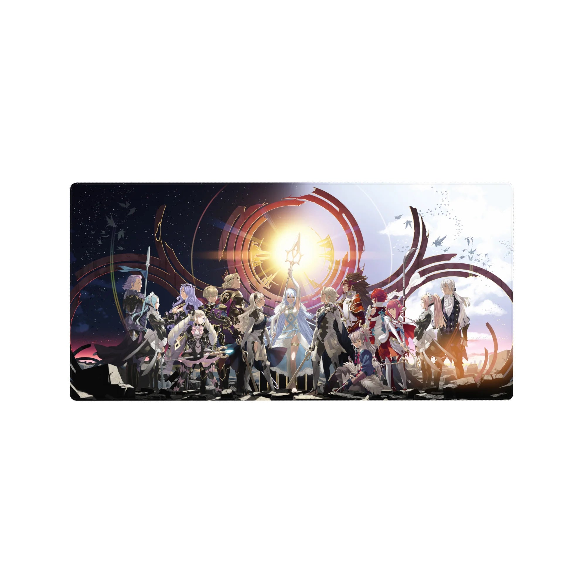32x16 inches anime mouse pad with full party lineup, sun sigil, crimson arcs, capes, armor, sharp print.