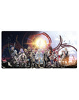 32x16 inches anime mouse pad with full party lineup, sun sigil, crimson arcs, capes, armor, sharp print.