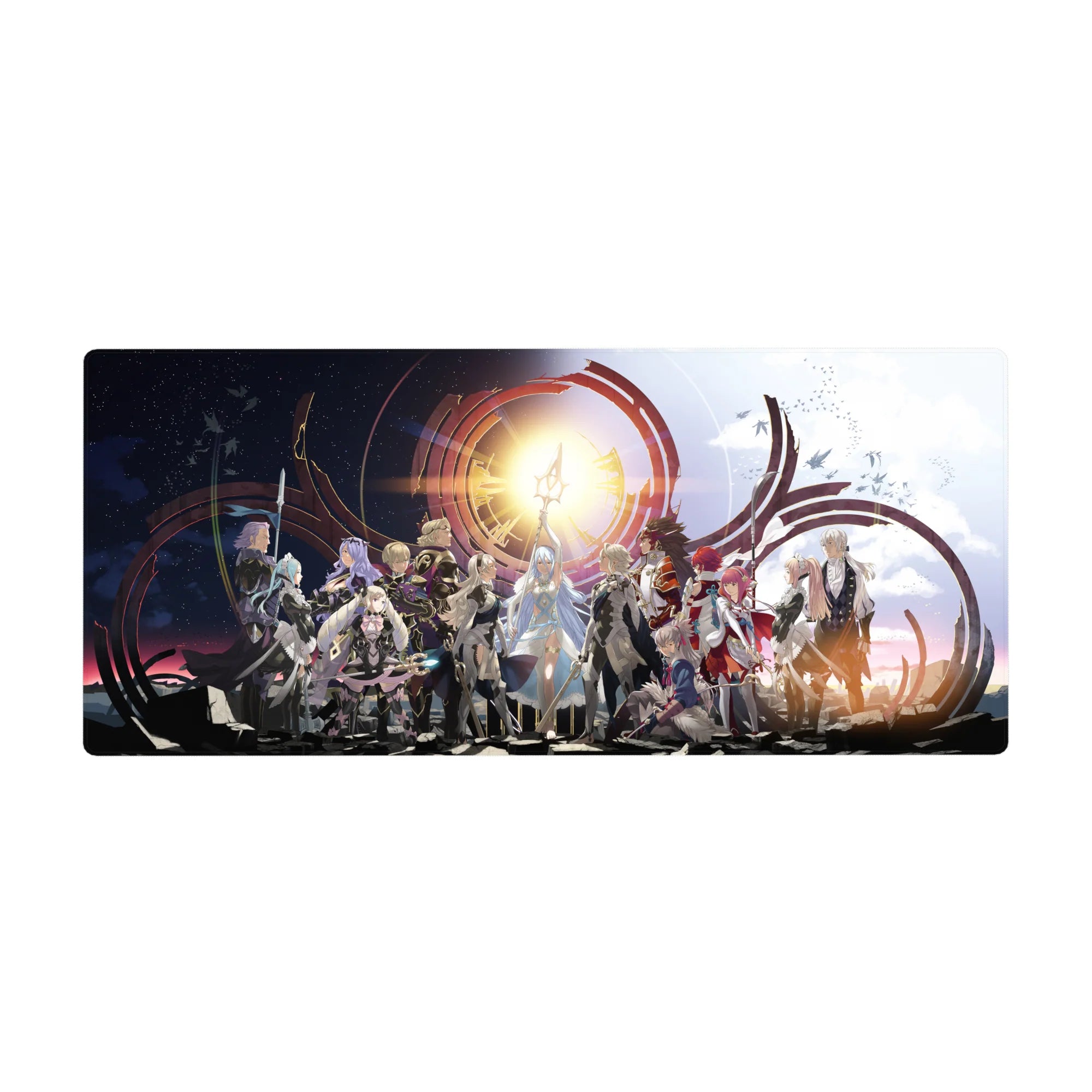 36x16 inches anime desk pad with full party lineup, sun sigil backdrop, crimson arcs, and armor detail.