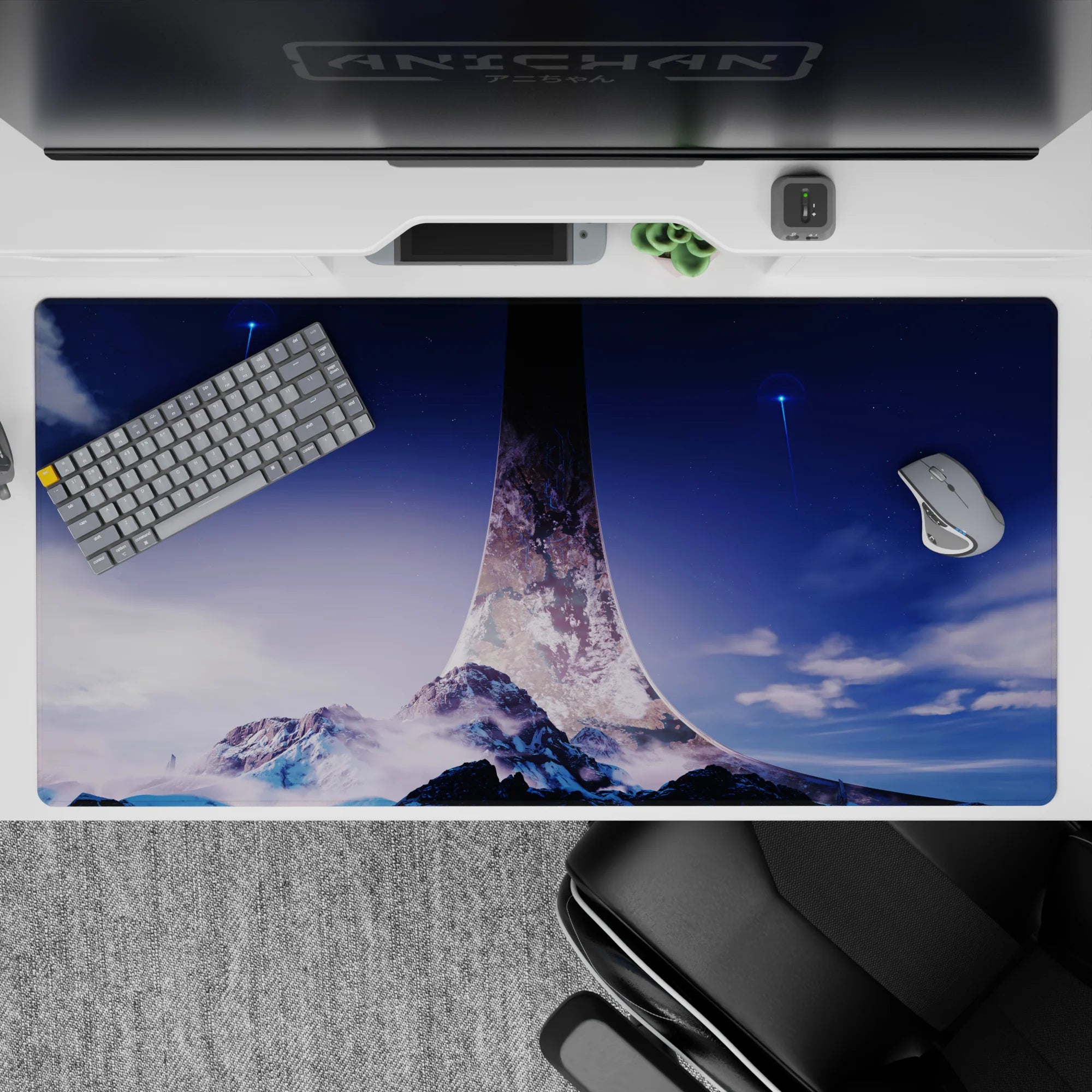 Calming blue-to-lavender gradient desk pad 40x20 inches with cool mist and tiny stars.