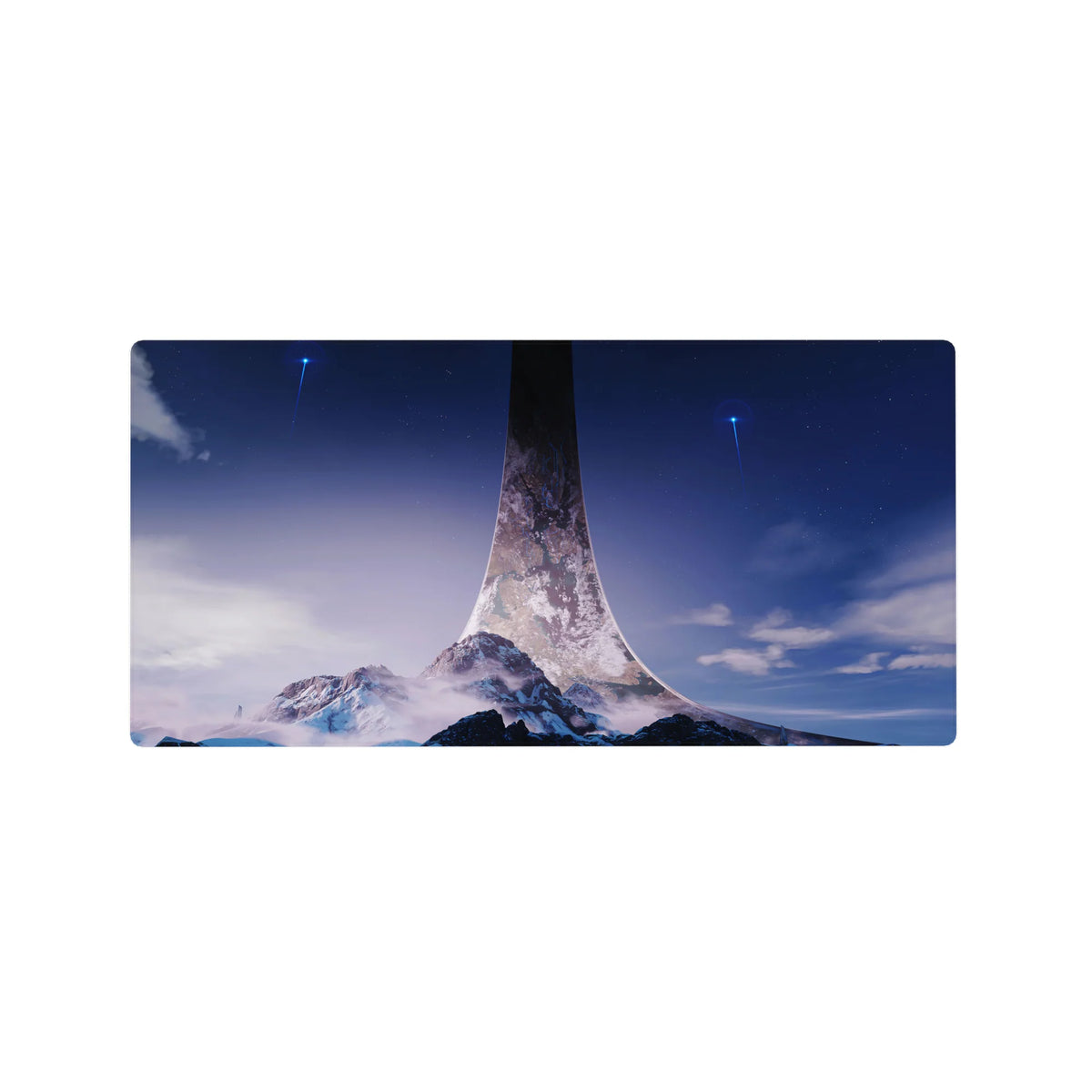 Sci-fi landscape mouse pad 32x16 inches with blue sky gradient, snowy peaks, and ring spire horizon.
