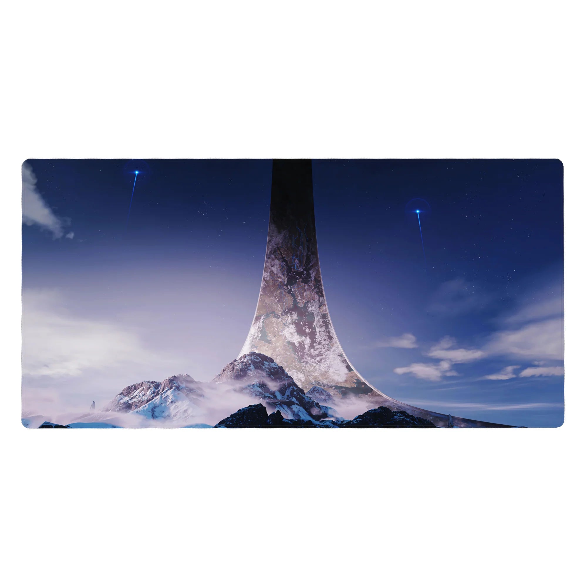Sci-fi landscape desk pad 40x20 inches with starry sky, snowy peaks, and ring spire horizon.
