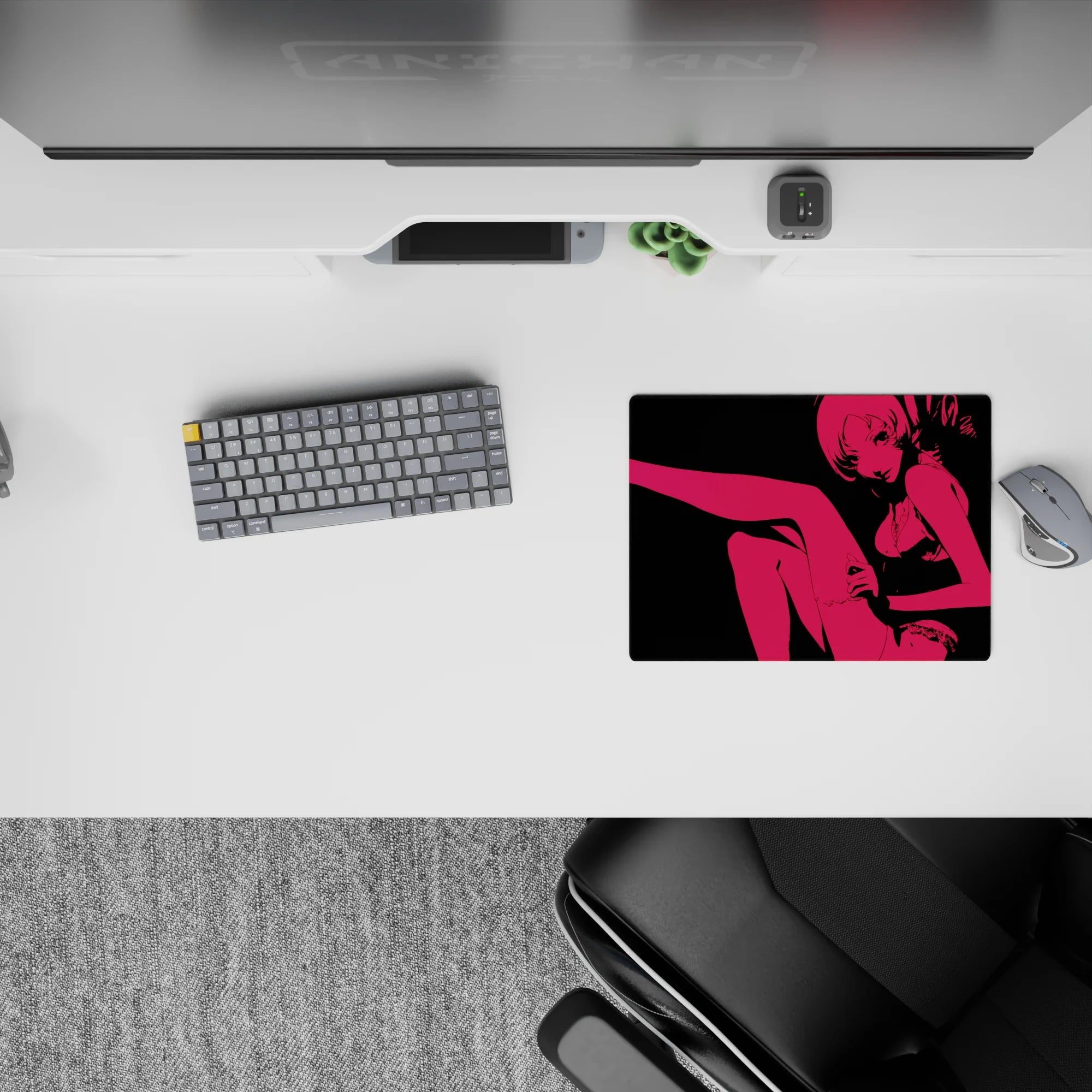 Neon late-night vibe anime girl mouse pad 14x10 inches, hot pink on black, flirty and RGB-ready.