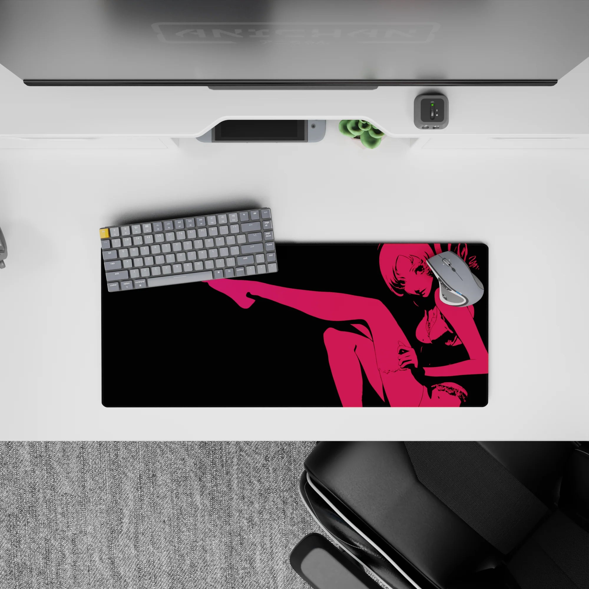 Hot pink on deep black anime girl mouse pad 28x12 inches, late-night neon vibe with attitude.