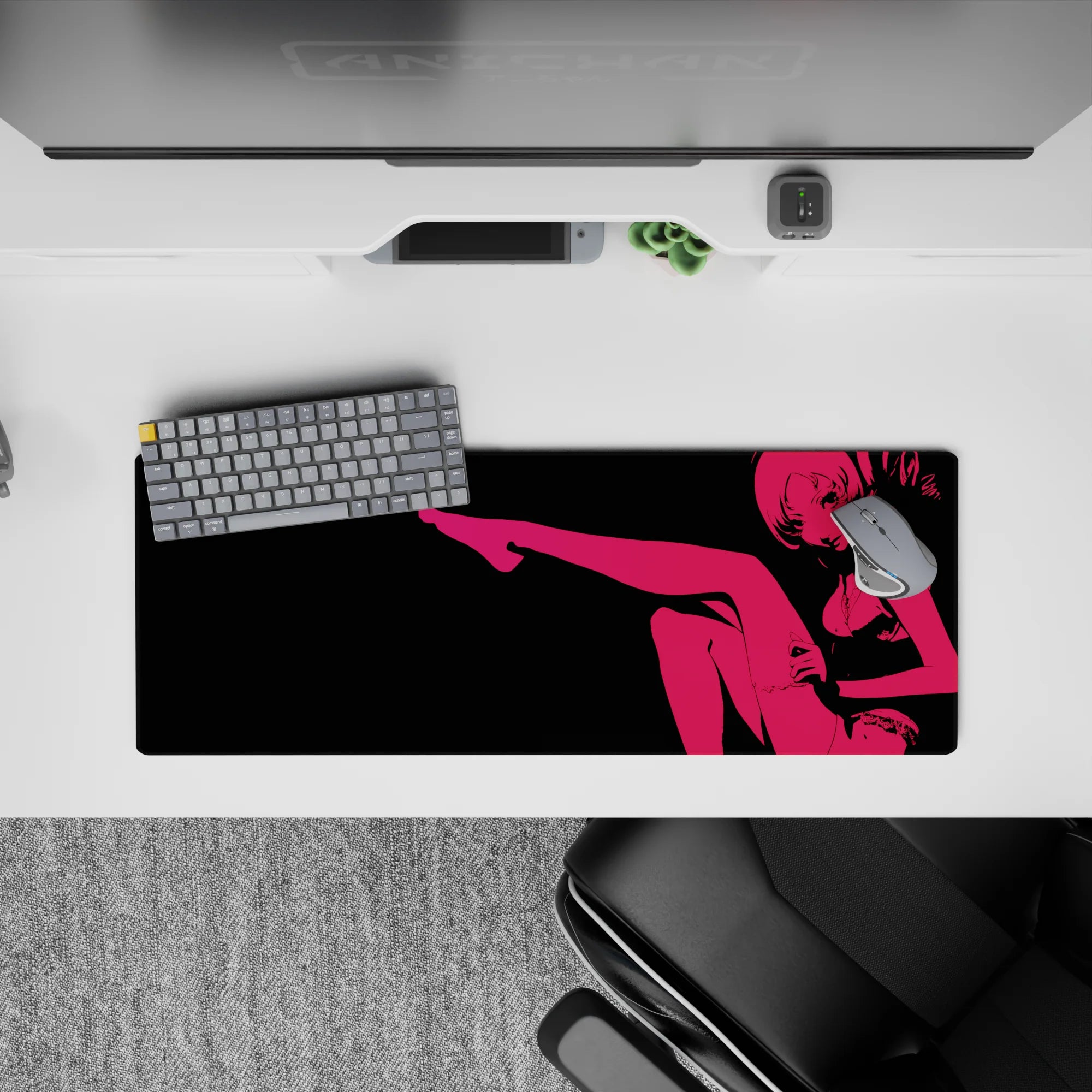 32x12 inches neon hot pink on black anime girl mouse pad, late-night vibe with bold contrast for RGB setups.