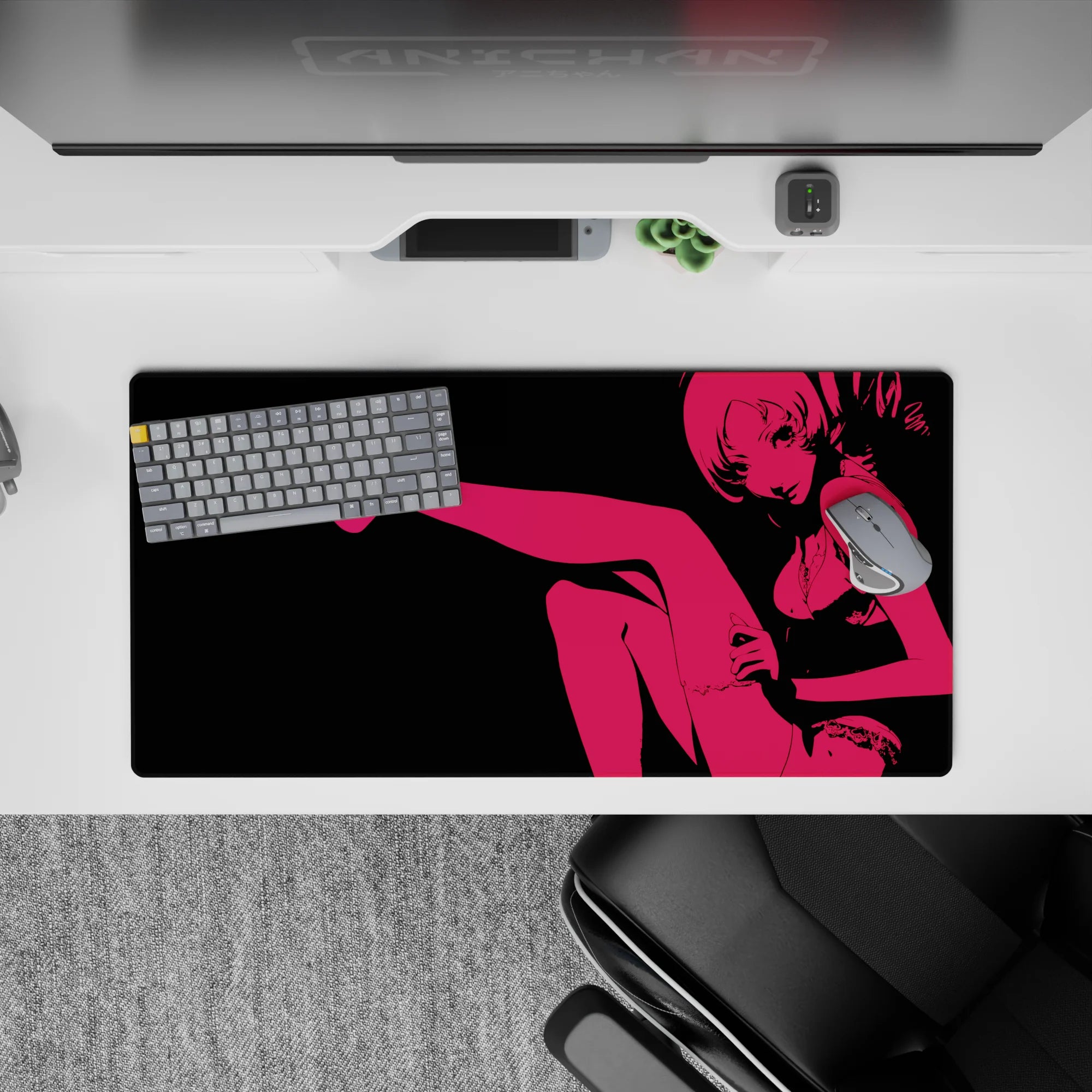 Hot pink on deep black anime girl mouse pad, late-night neon vibe, sexy minimalist art 32x16 inches.