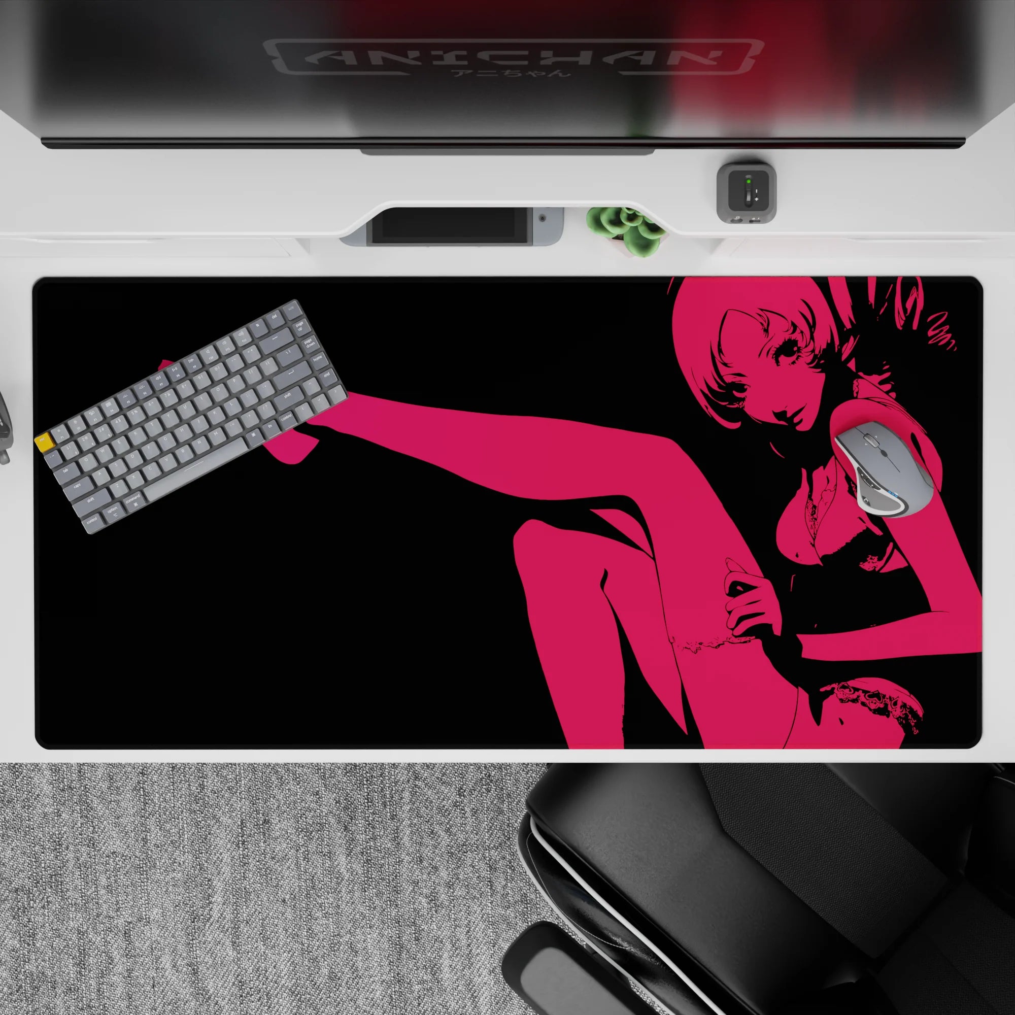 Neon hot pink on black anime desk pad 40x20 inches, late-night lounge vibe, bold and flirty.