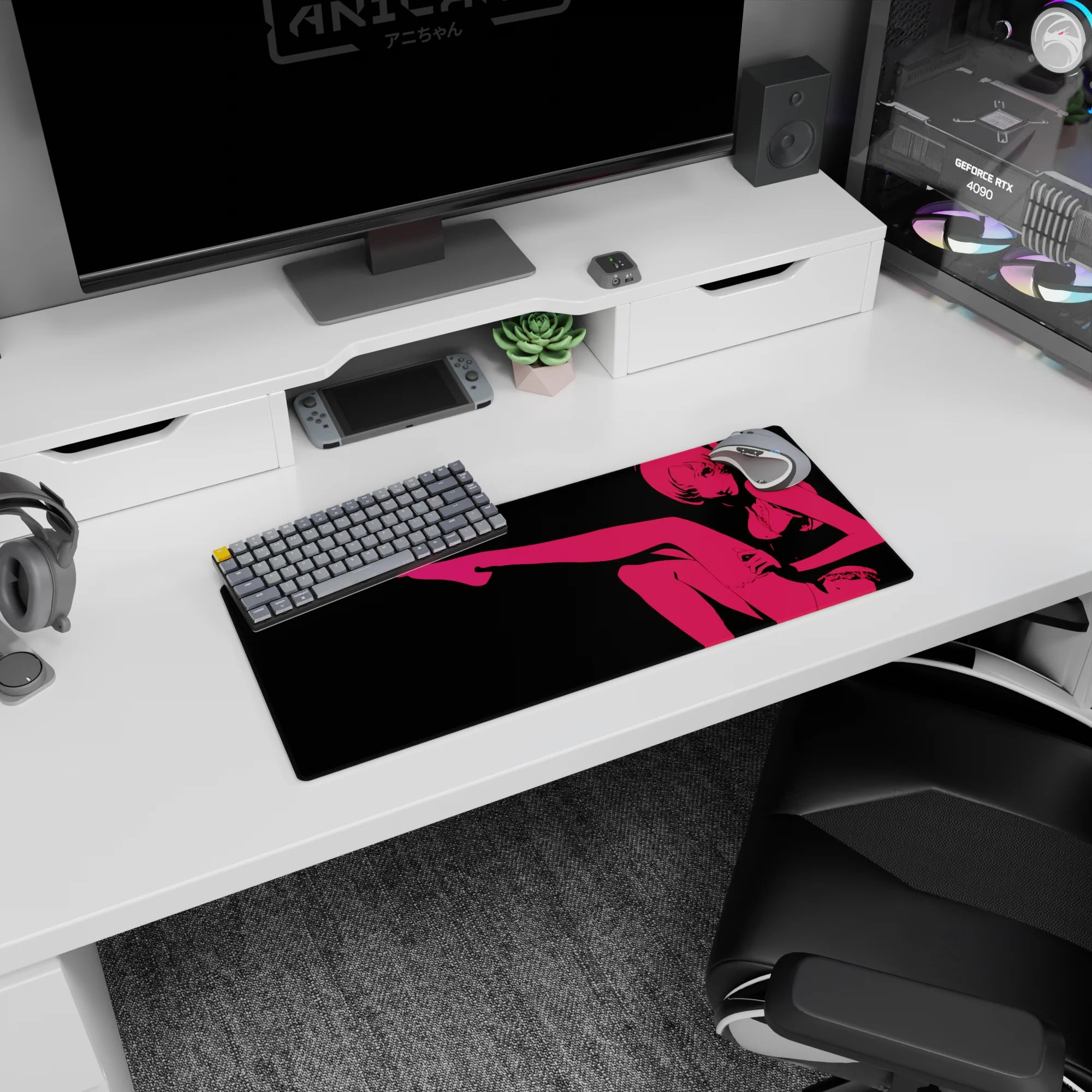 Flirty reclining anime girl outline mouse pad 28x12 inches, cute trouble pose for gaming desks.