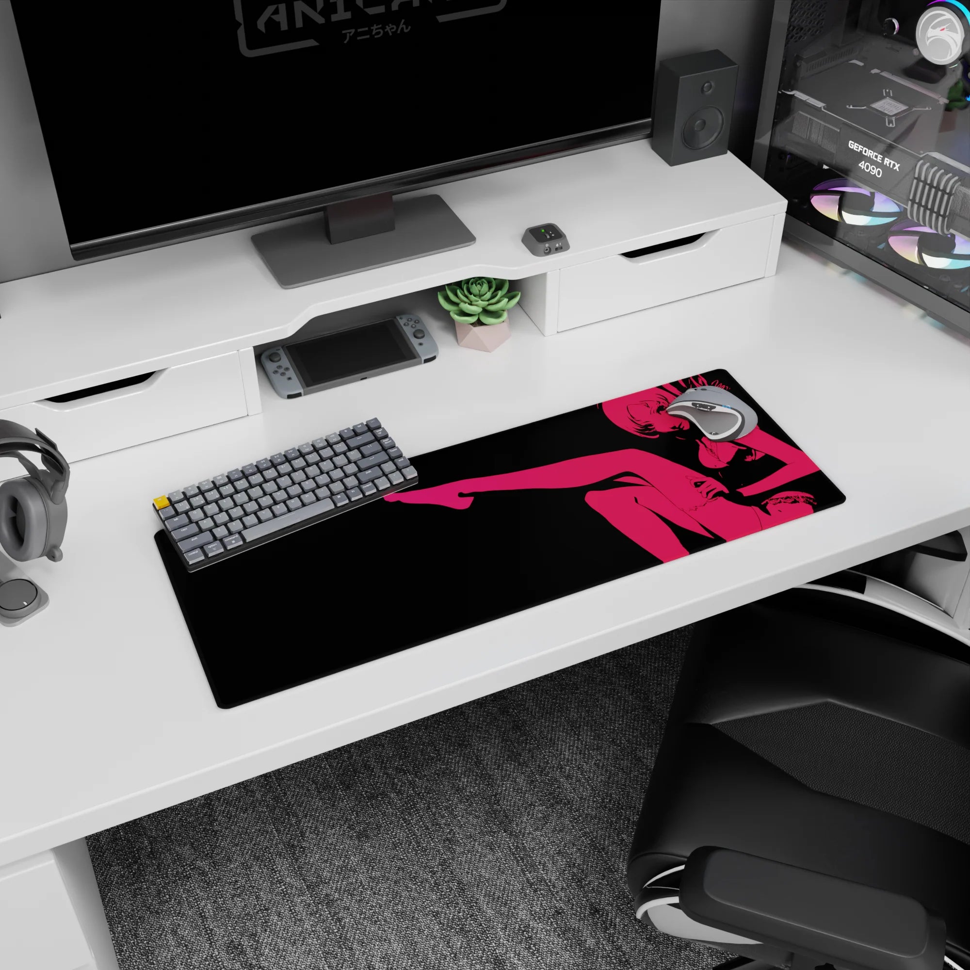 32x12 inches anime girl desk mat showing a flirty lounging silhouette, clean lines and a cheeky attitude.