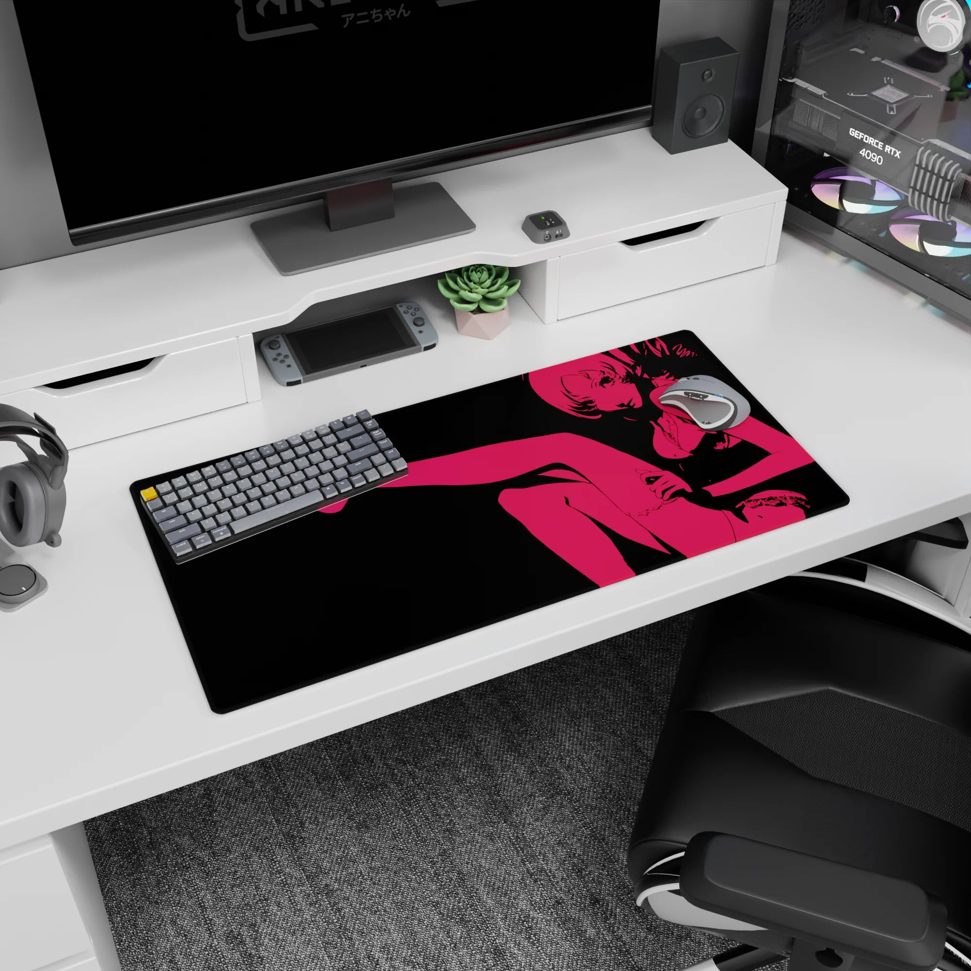 Flirty anime girl in a lounging pose silhouette gaming mouse pad, clean lines, RGB-ready 32x16 inches.