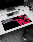 Flirty anime girl in a lounging pose silhouette gaming mouse pad, clean lines, RGB-ready 32x16 inches.