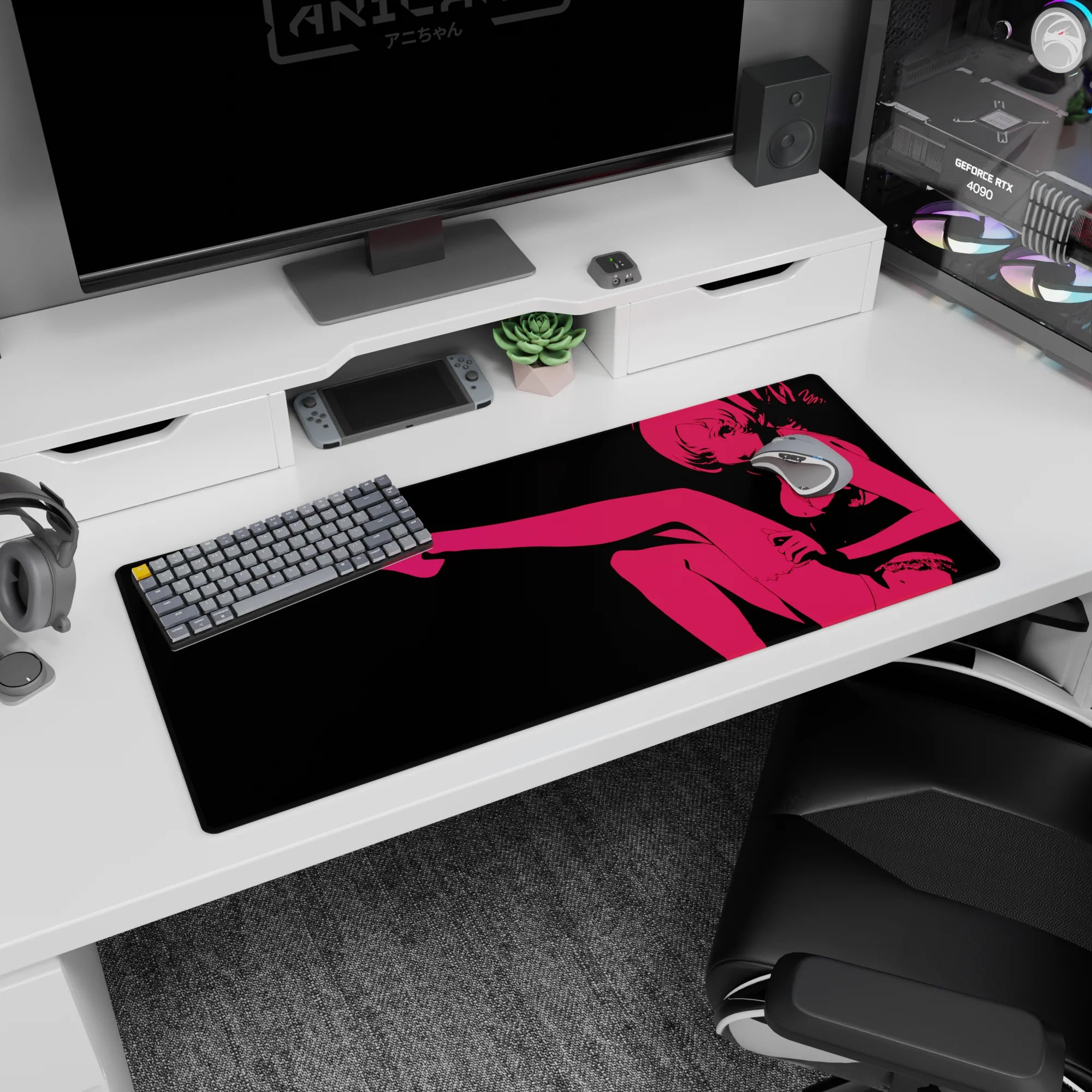 36x16 inches desk pad showing flirty anime girl silhouette lounging, sharp lines and a wink of sass.