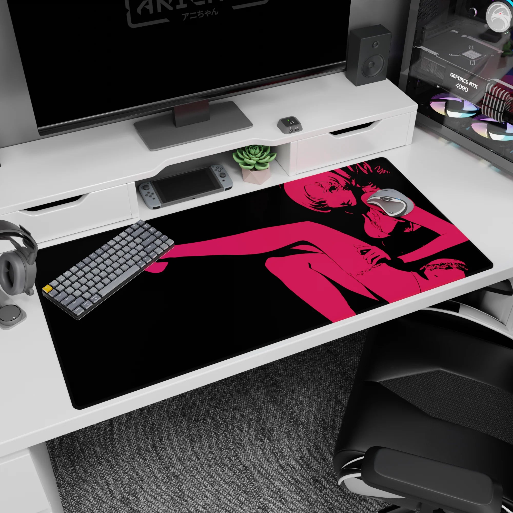 Anime girl in flirty lounge pose desk pad 40x20 inches, sleek silhouette art with attitude.
