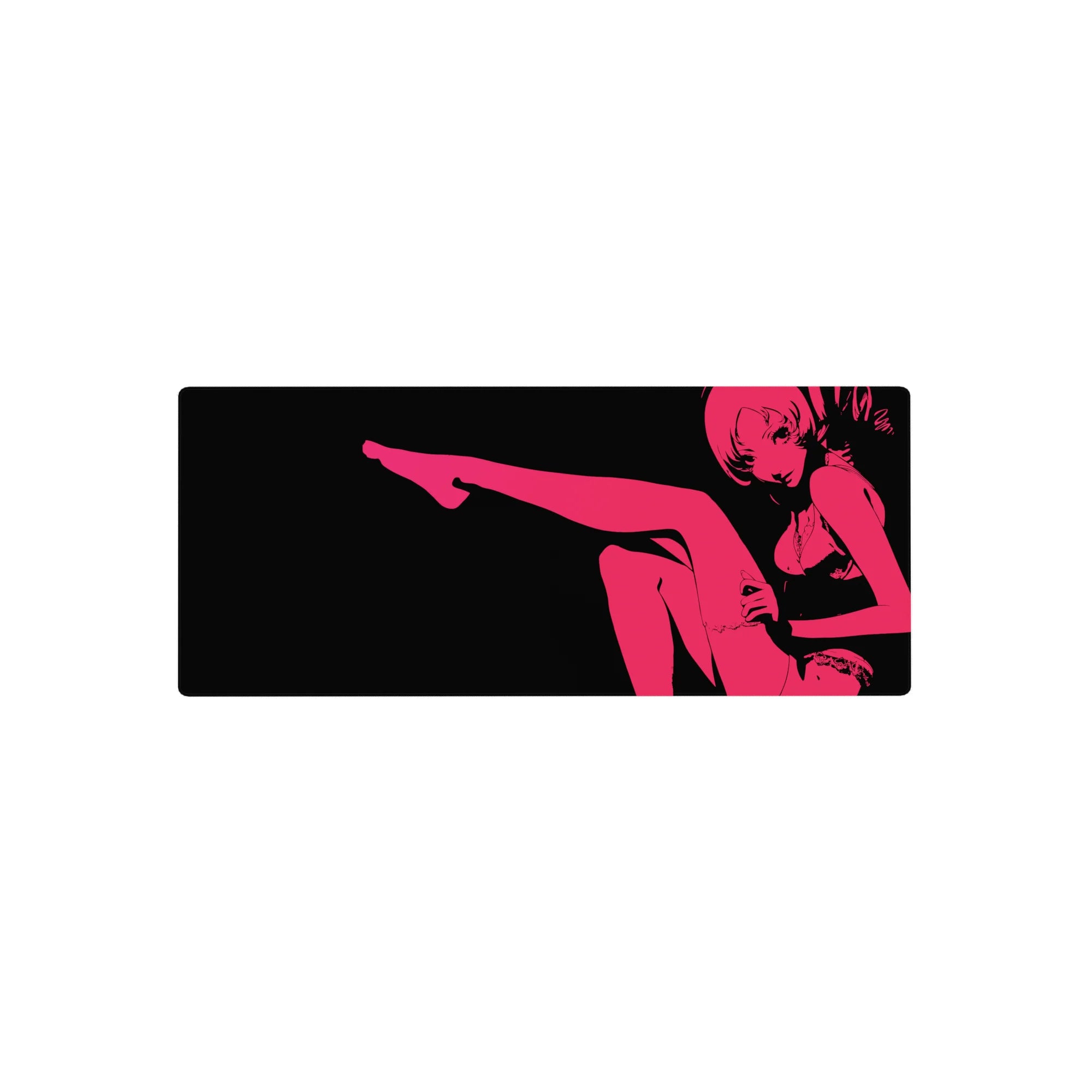 Minimalist anime girl silhouette desk mouse pad 28x12 inches with bold lounge pose on black.