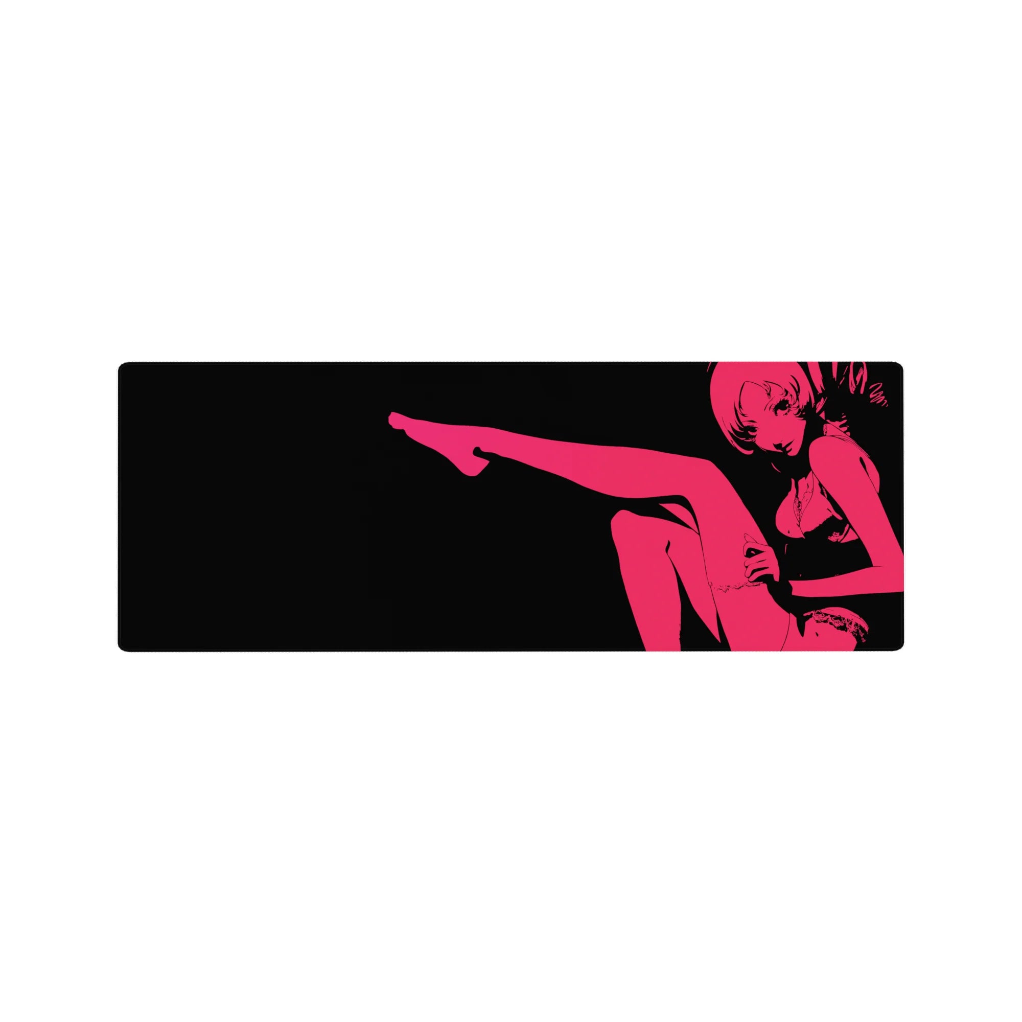 32x12 inches anime girl mouse pad with hot pink silhouette on deep black, minimalist lounge pose desk mat.