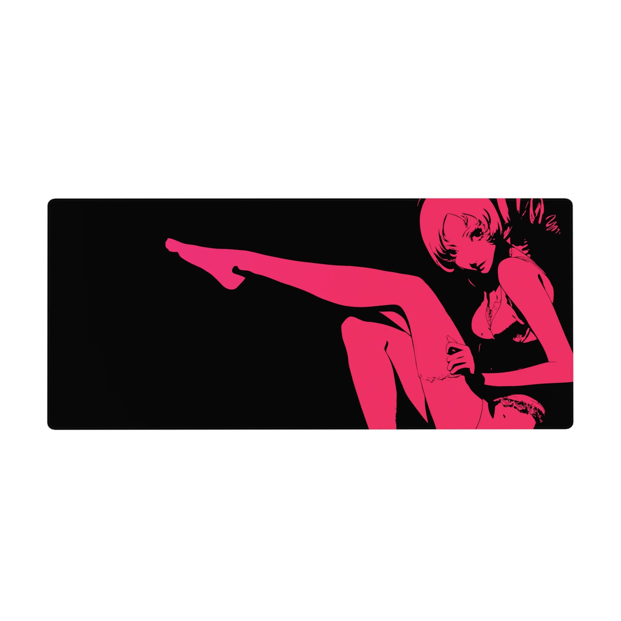 36x16 inches anime girl desk pad with hot pink silhouette on black, minimalist bold lounge pose.