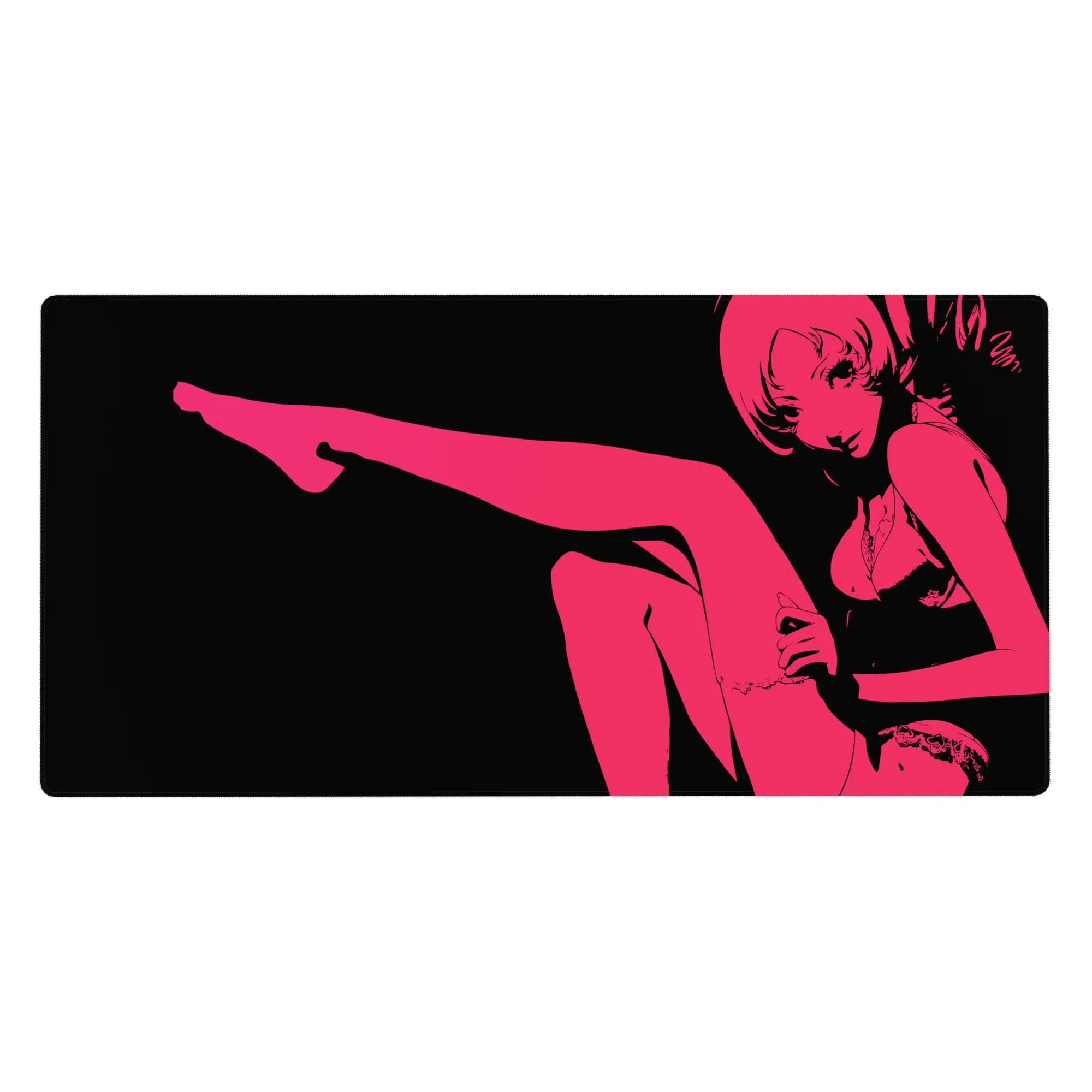 Minimalist anime girl desk pad 40x20 inches with hot pink silhouette on deep black background.