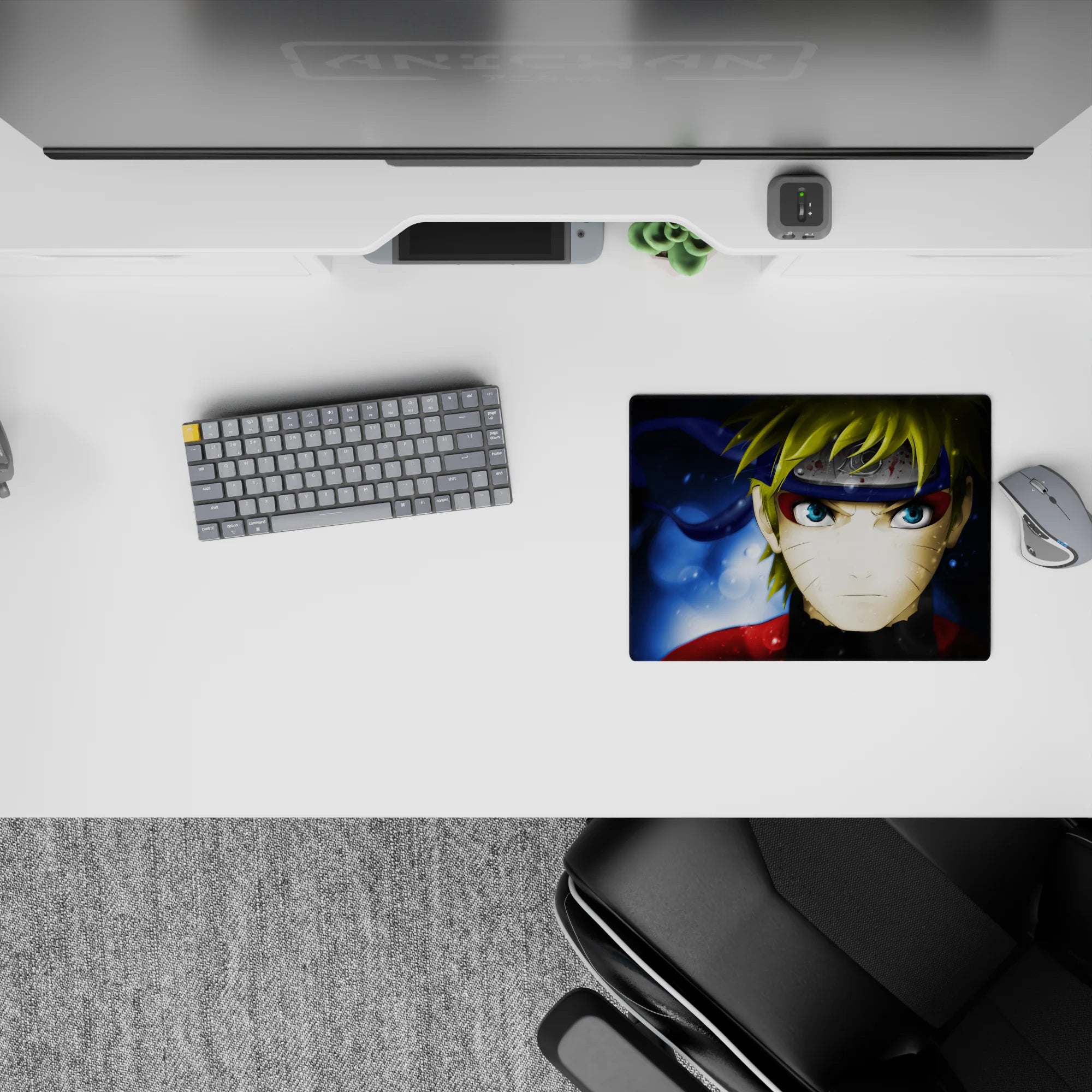 Deep midnight blue swirl anime mouse pad 14x10 inches with watery glow and bold red jacket pop.