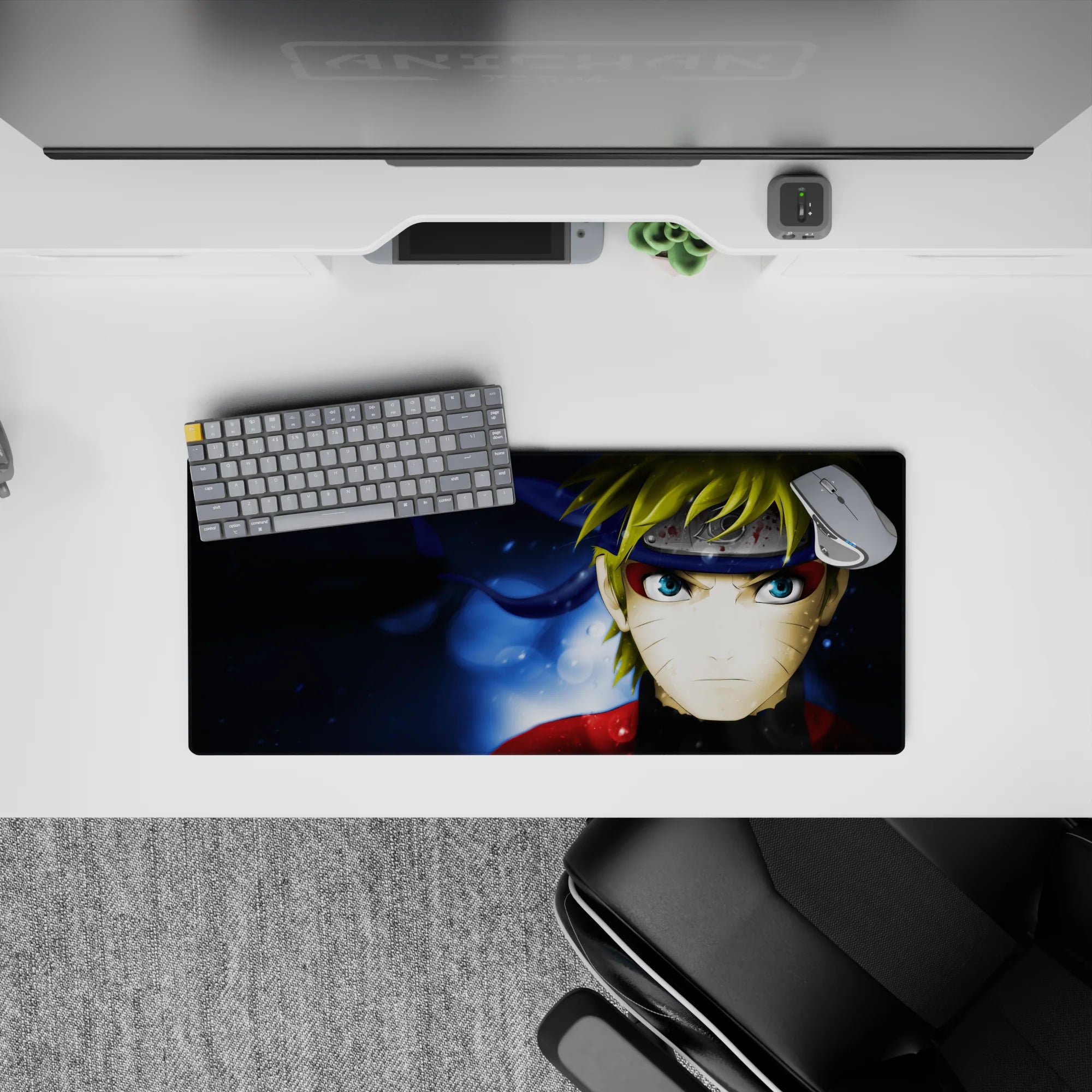 Midnight blue watery glow with bold red jacket anime mouse pad 28x12 inches, energetic focused desk vibe.