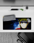 Midnight blue watery glow with bold red jacket anime mouse pad 28x12 inches, energetic focused desk vibe.