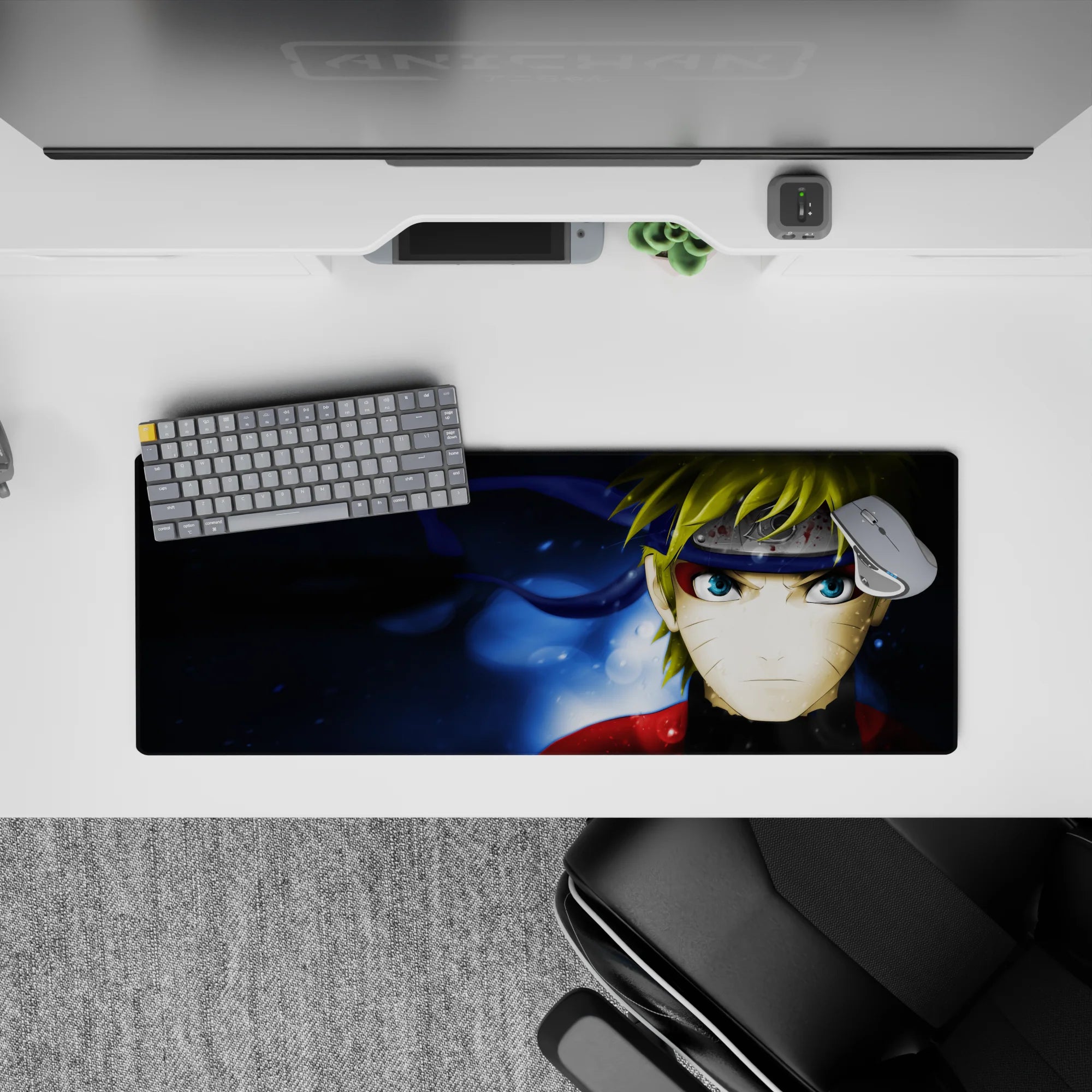 Midnight blue watery glow anime mouse pad 32x12 inches with bold red jacket pop and sharp contrast.