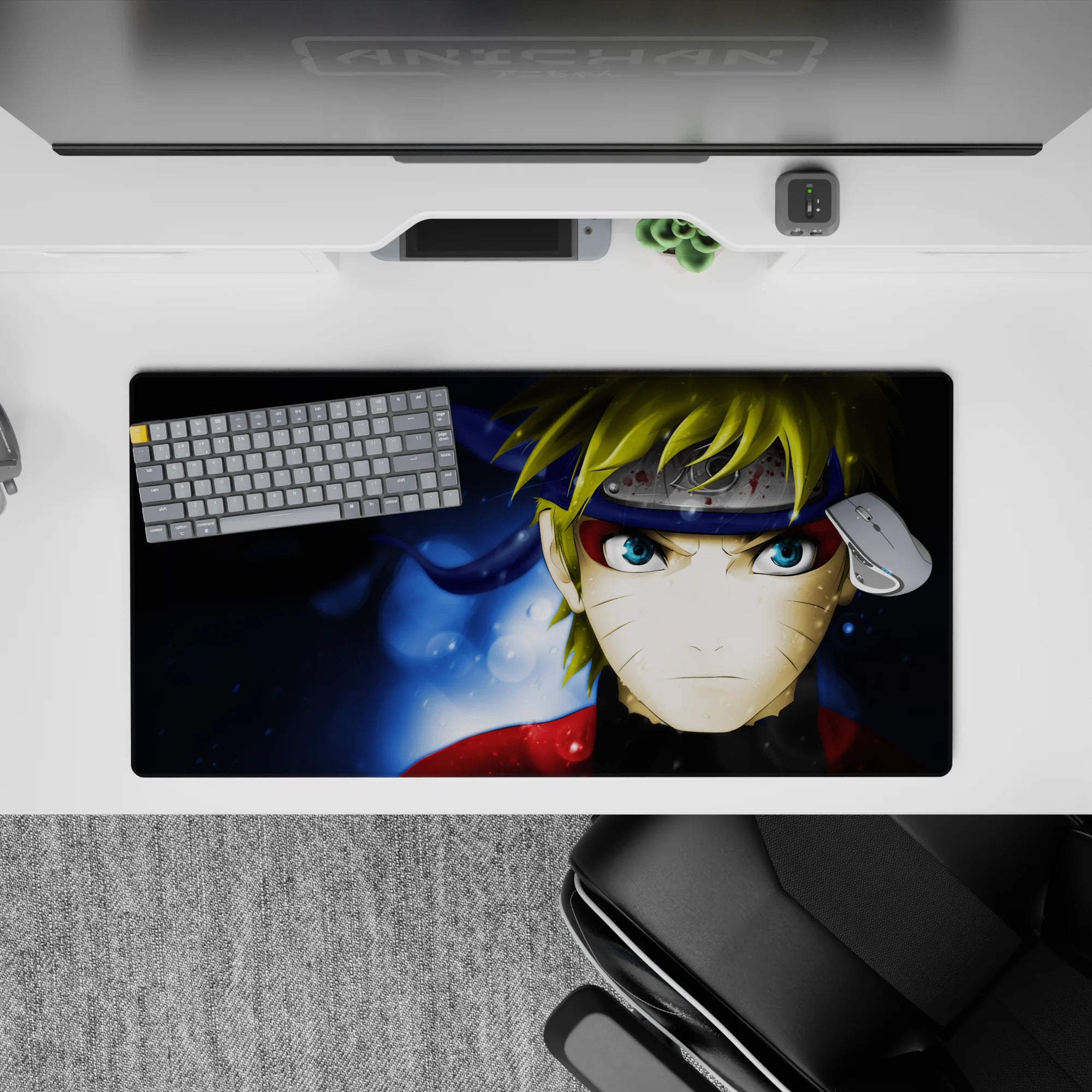 Midnight blue watery glow anime mouse pad 32x16 inches with gritty splatter accents and bold red.