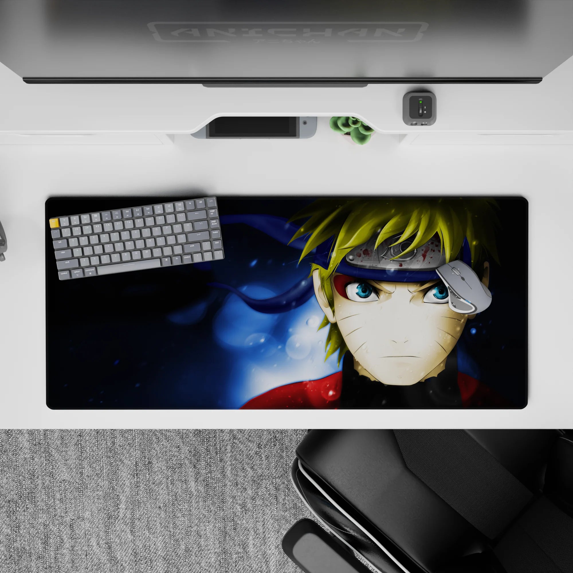 Midnight blue and watery glow anime desk pad 36x16 inches with gritty splatter details, high-energy vibe.