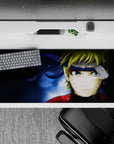 Midnight blue and watery glow anime desk pad 36x16 inches with gritty splatter details, high-energy vibe.