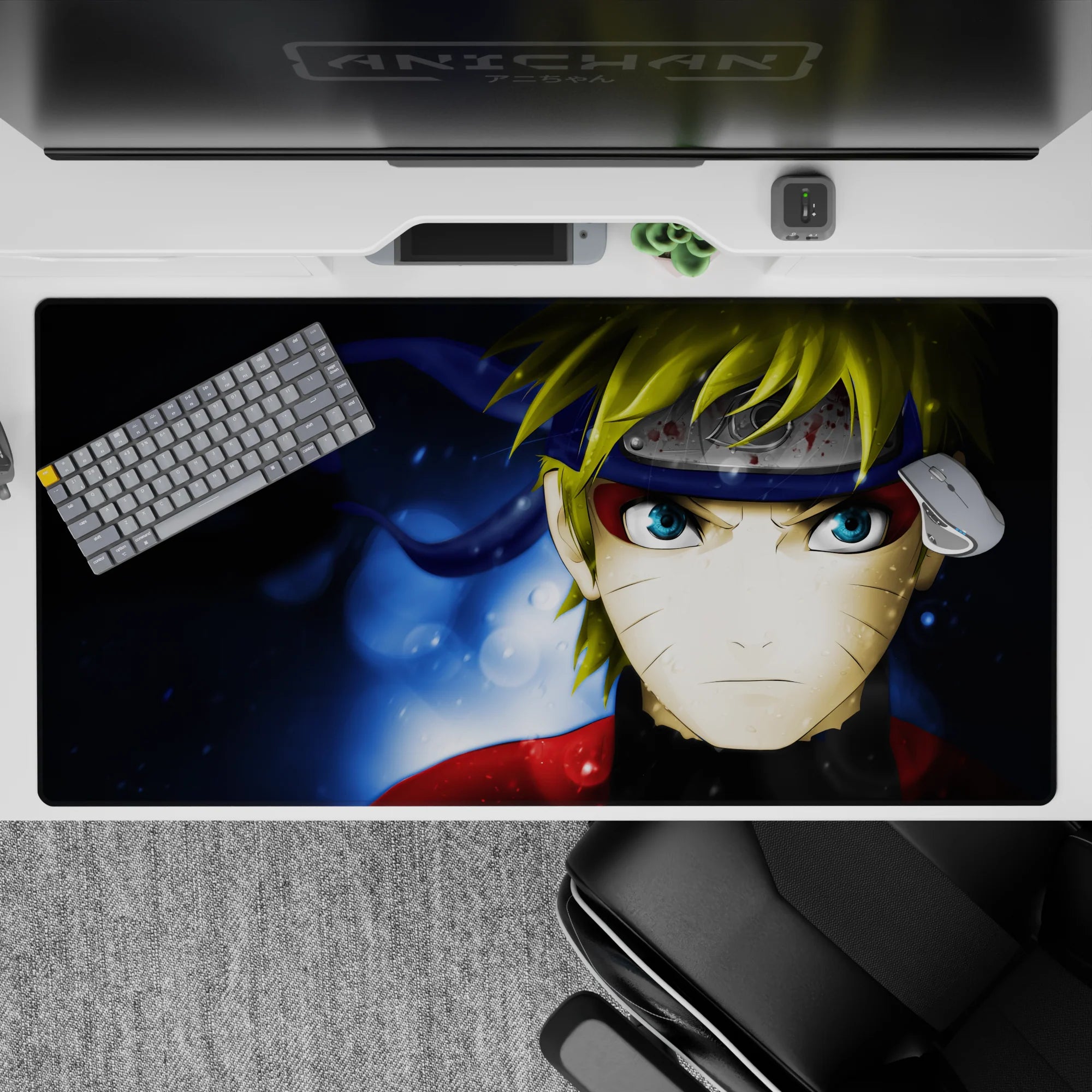 Midnight blue swirl background with watery glow and bold red jacket on anime desk pad 40x20 inches.