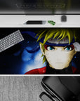 Midnight blue swirl background with watery glow and bold red jacket on anime desk pad 40x20 inches.