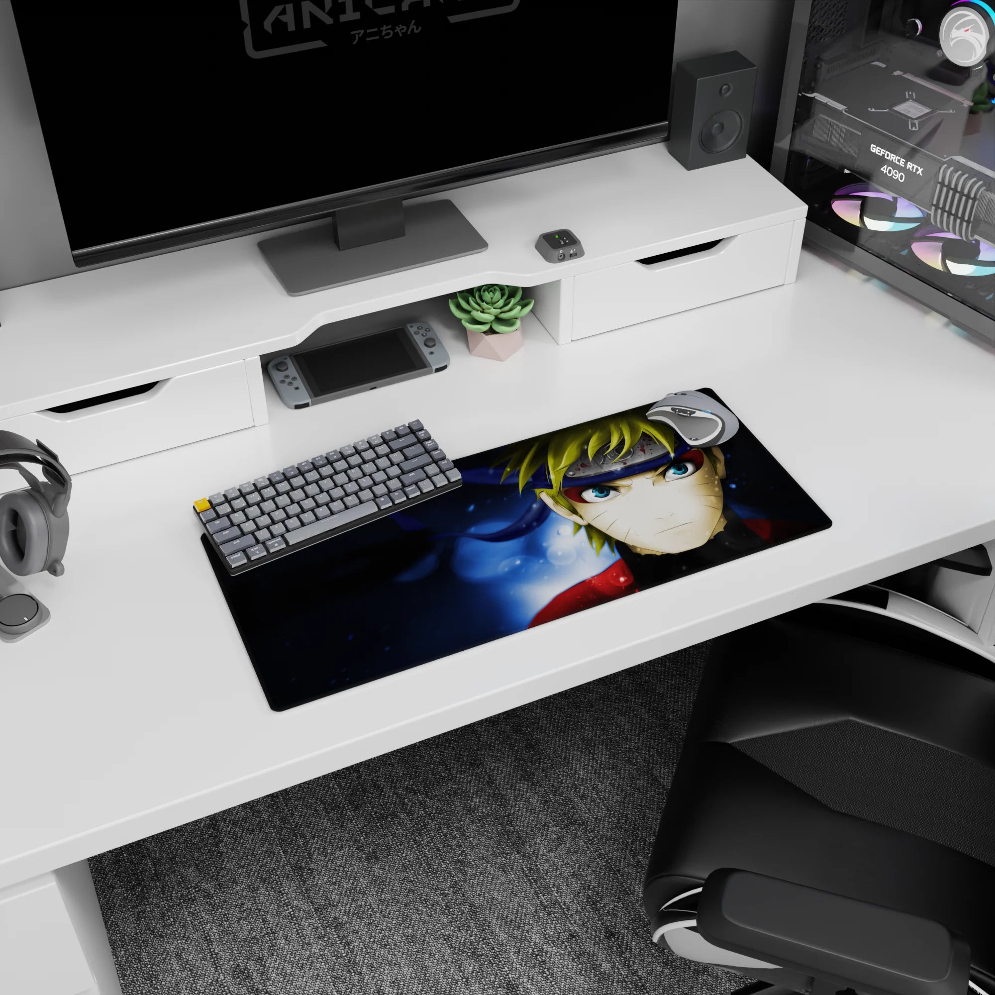 Naruto Uzumaki staring forward, whisker marks and blue eyes on anime mouse pad 28x12 inches.