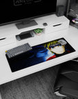 Naruto Uzumaki staring forward anime mouse pad 32x12 inches, whisker marks, blue eyes, dark backdrop.