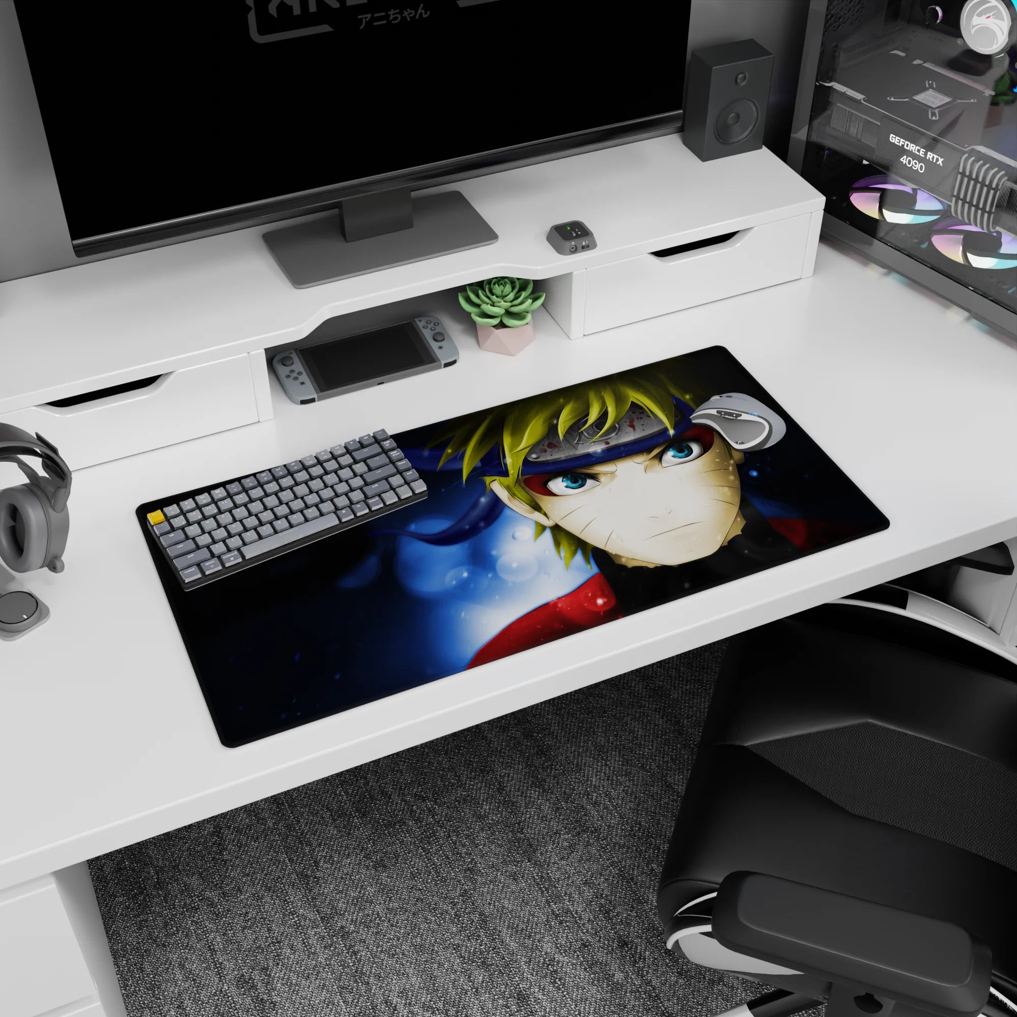 Naruto Uzumaki staring forward anime mouse pad 32x16 inches, whisker marks sharp, blue eyes daring.