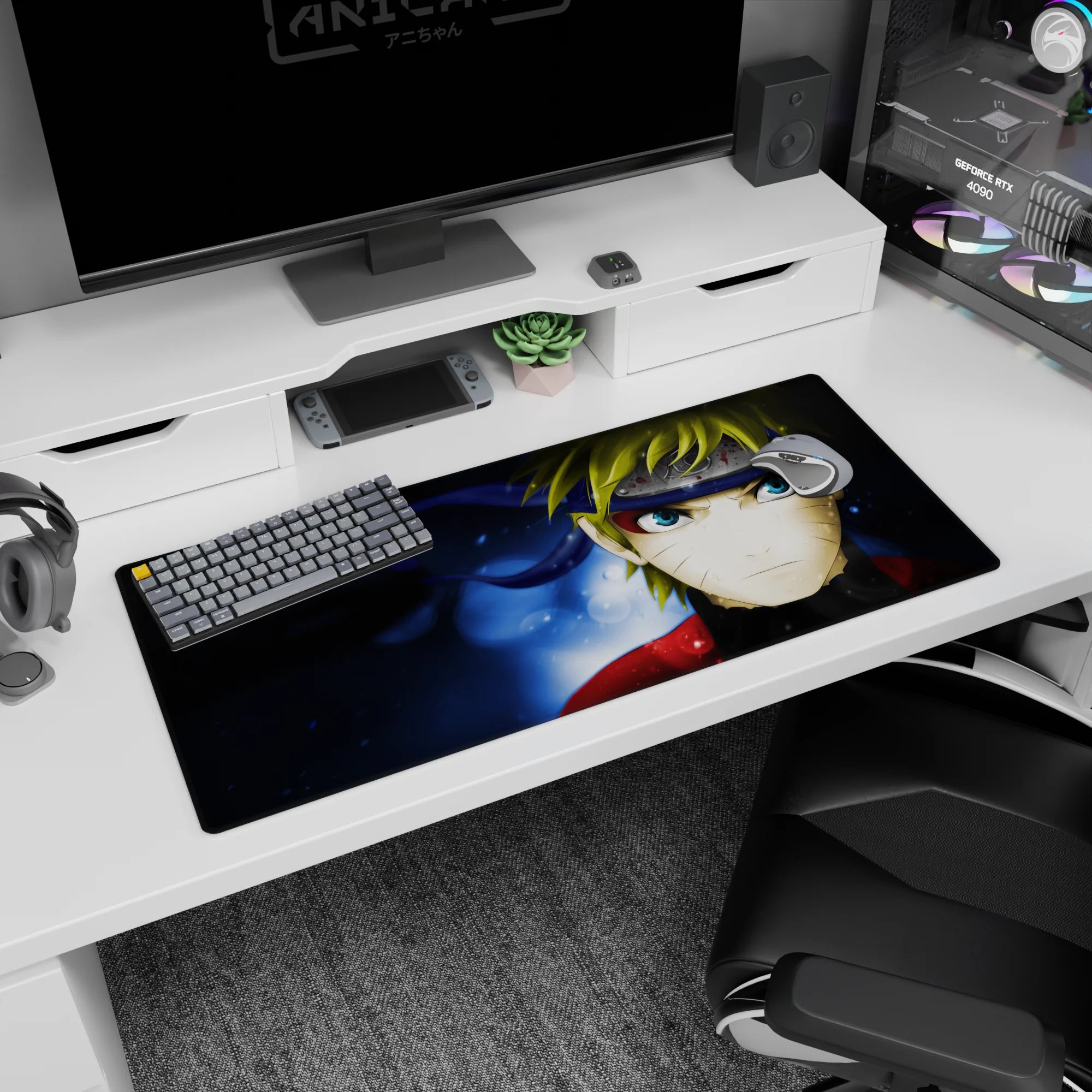Naruto Uzumaki staring down scene desk pad 36x16 inches, sharp whisker marks and bold blue eyes.