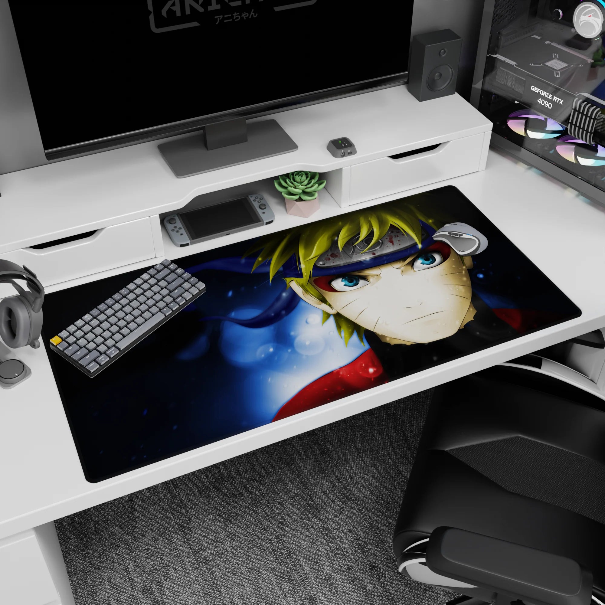 Naruto Uzumaki staring forward with sharp whisker marks and blue eyes on desk pad 40x20 inches.