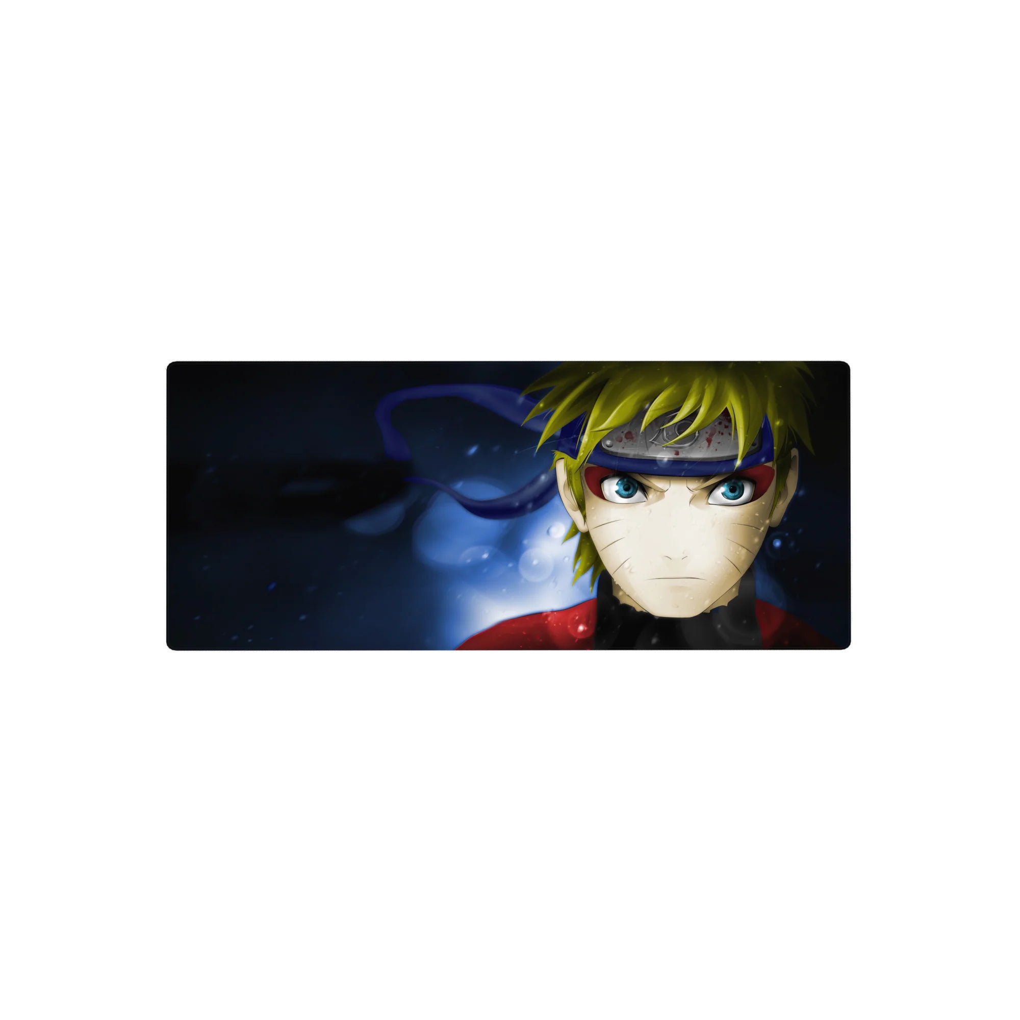 Naruto Shippuden anime mouse pad 28x12 inches with Naruto portrait, headband shine, and gritty splatter.