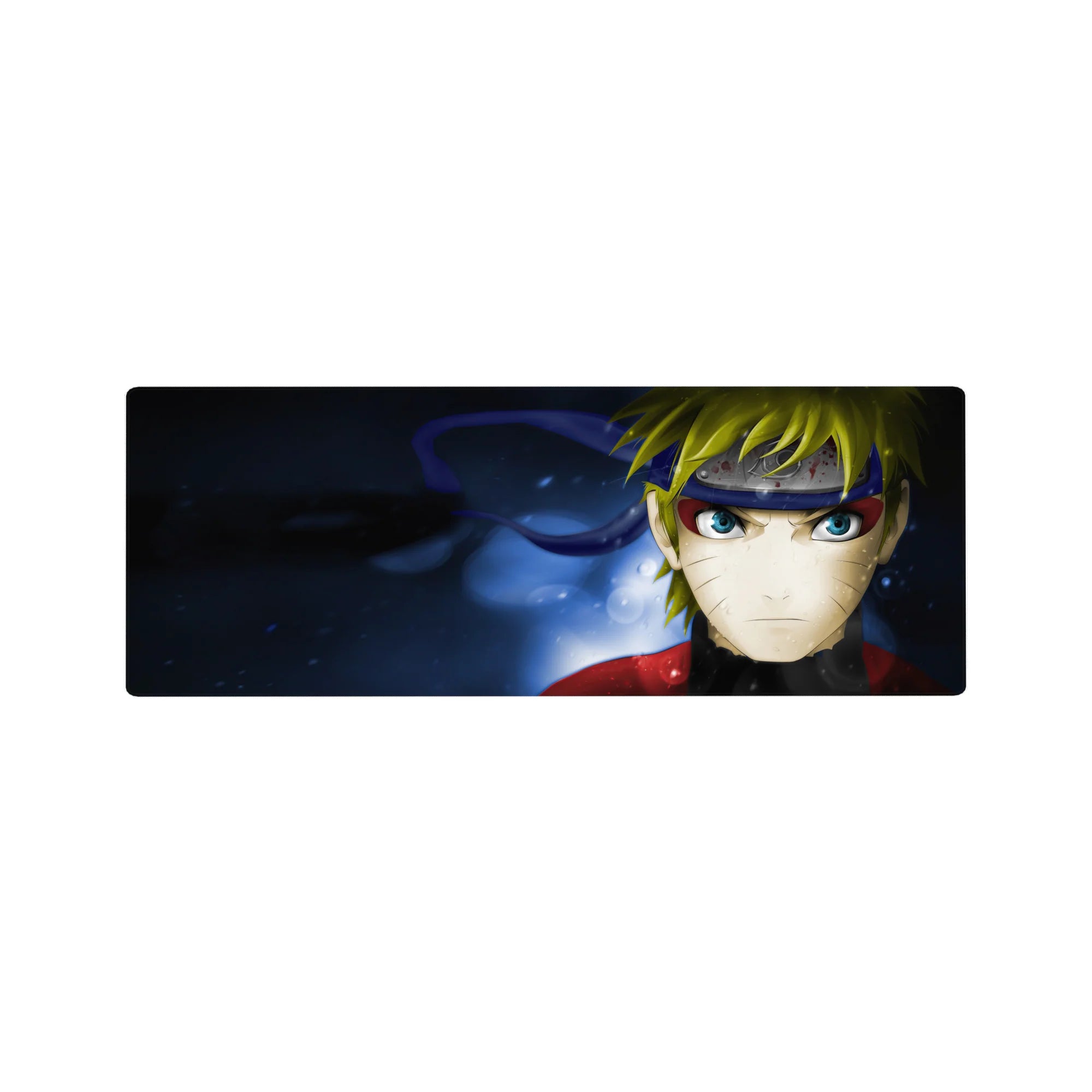 Naruto Shippuden anime mouse pad 32x12 inches with Naruto portrait, headband shine, gritty splatter.