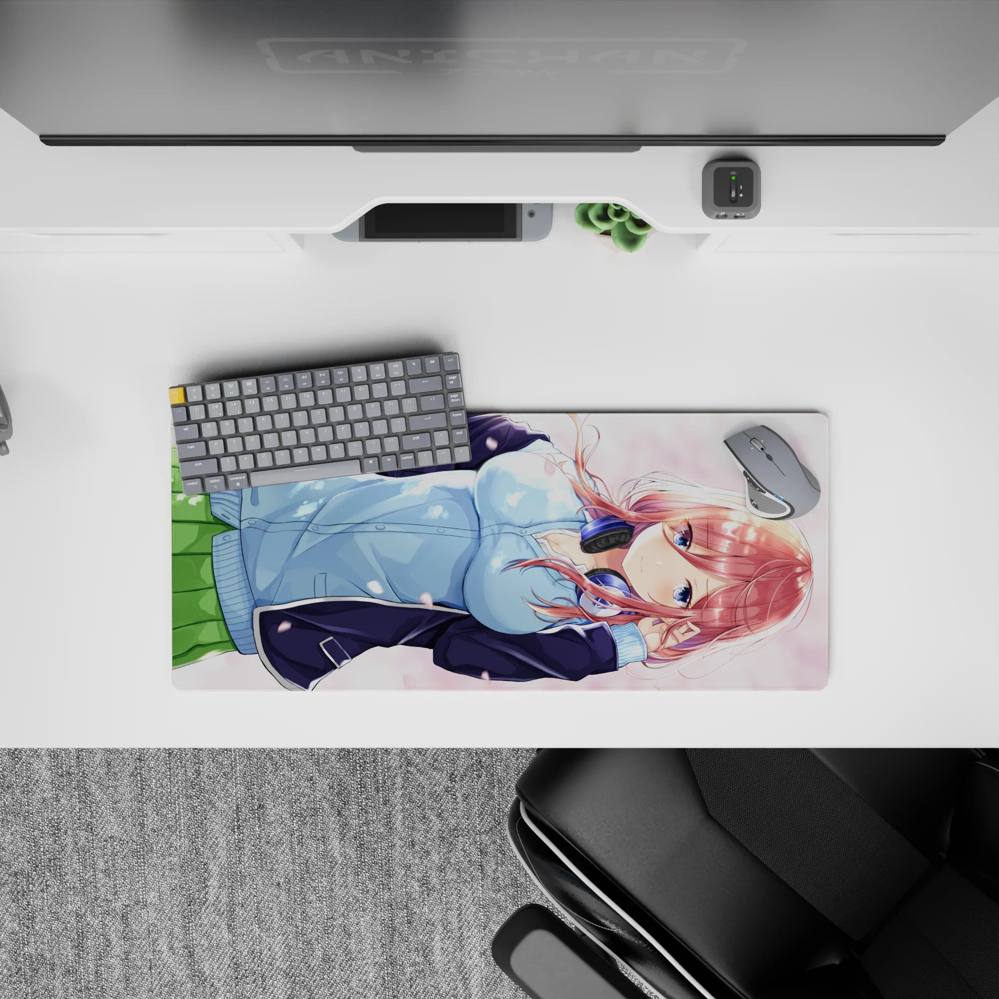 28x12 inches pastel spring romance mouse pad in soft pinks and blues with calm, cute anime art.