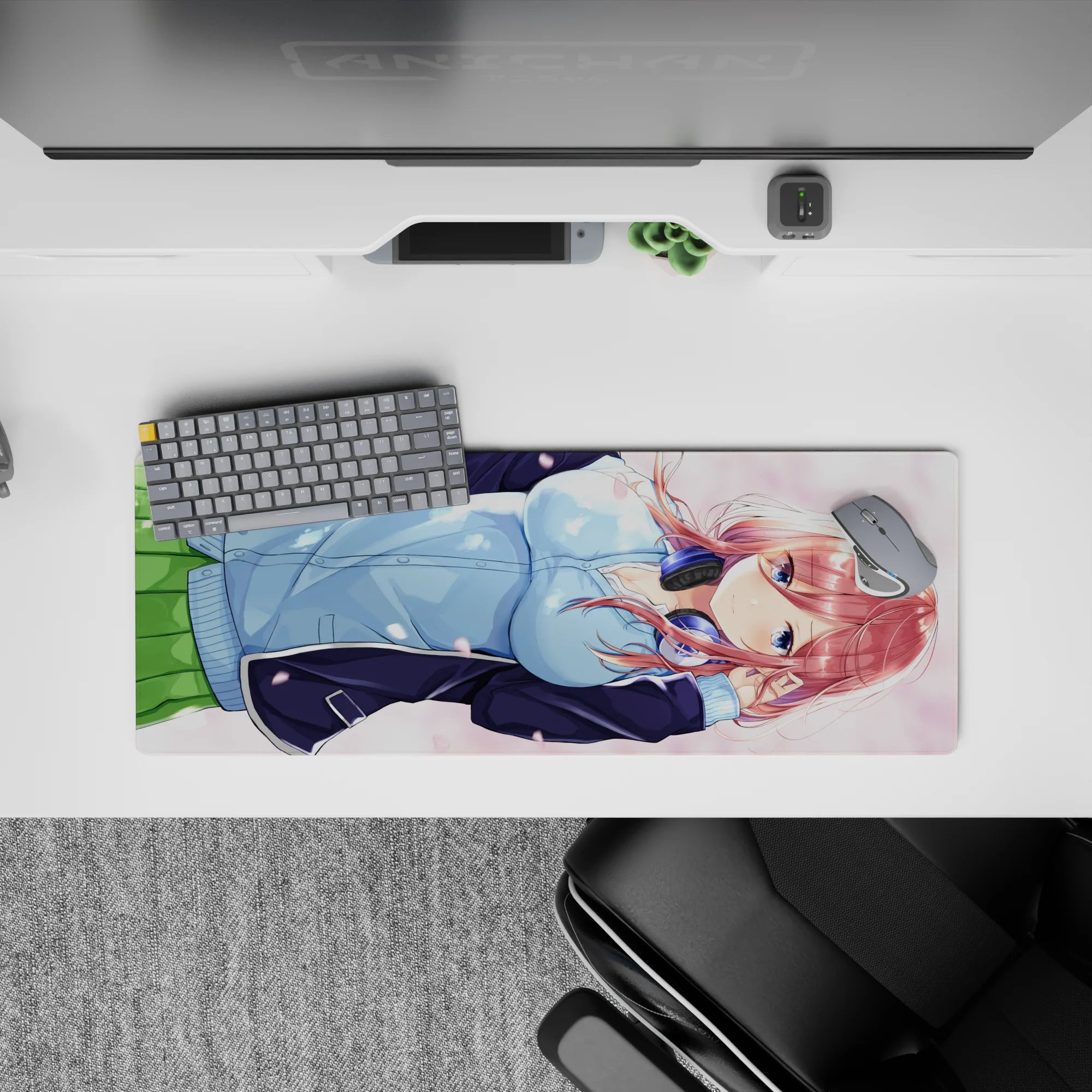 32x12 inches pastel pink spring romance mouse pad, blush skies, soft highlights, cute anime desk mat.