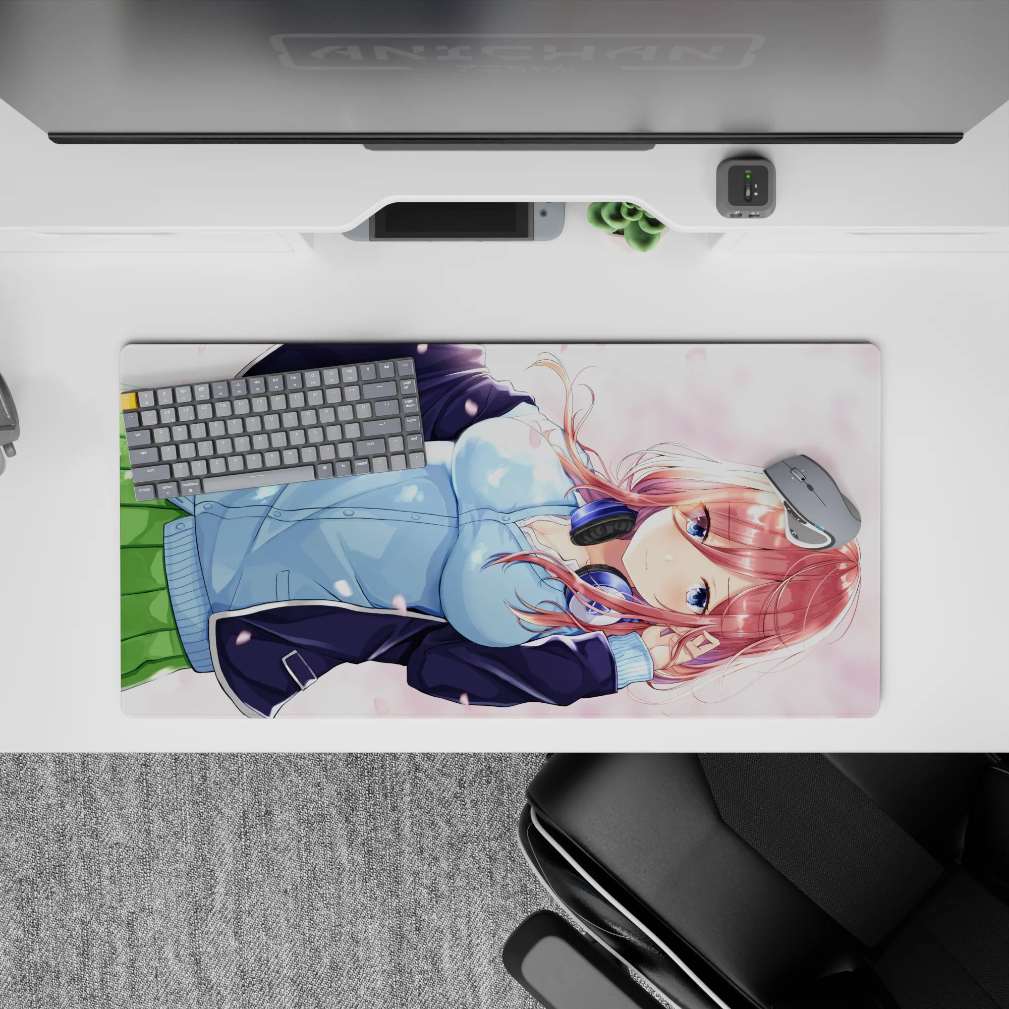 32x16 inches pastel pink spring romance mouse pad, soft petals, blush sky tones, calm cute anime art.