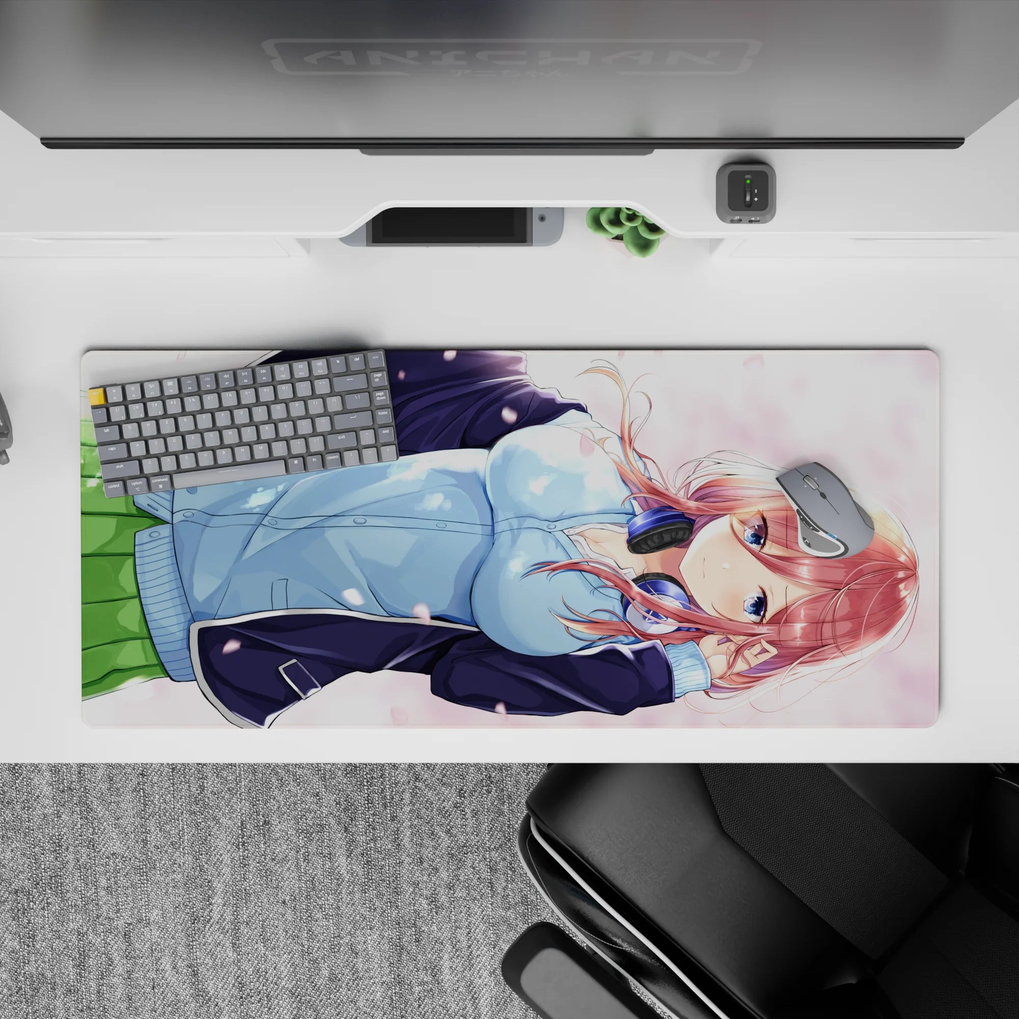 36x16 inches pastel spring romance desk pad in soft pinks and blues with calm, cute anime art.