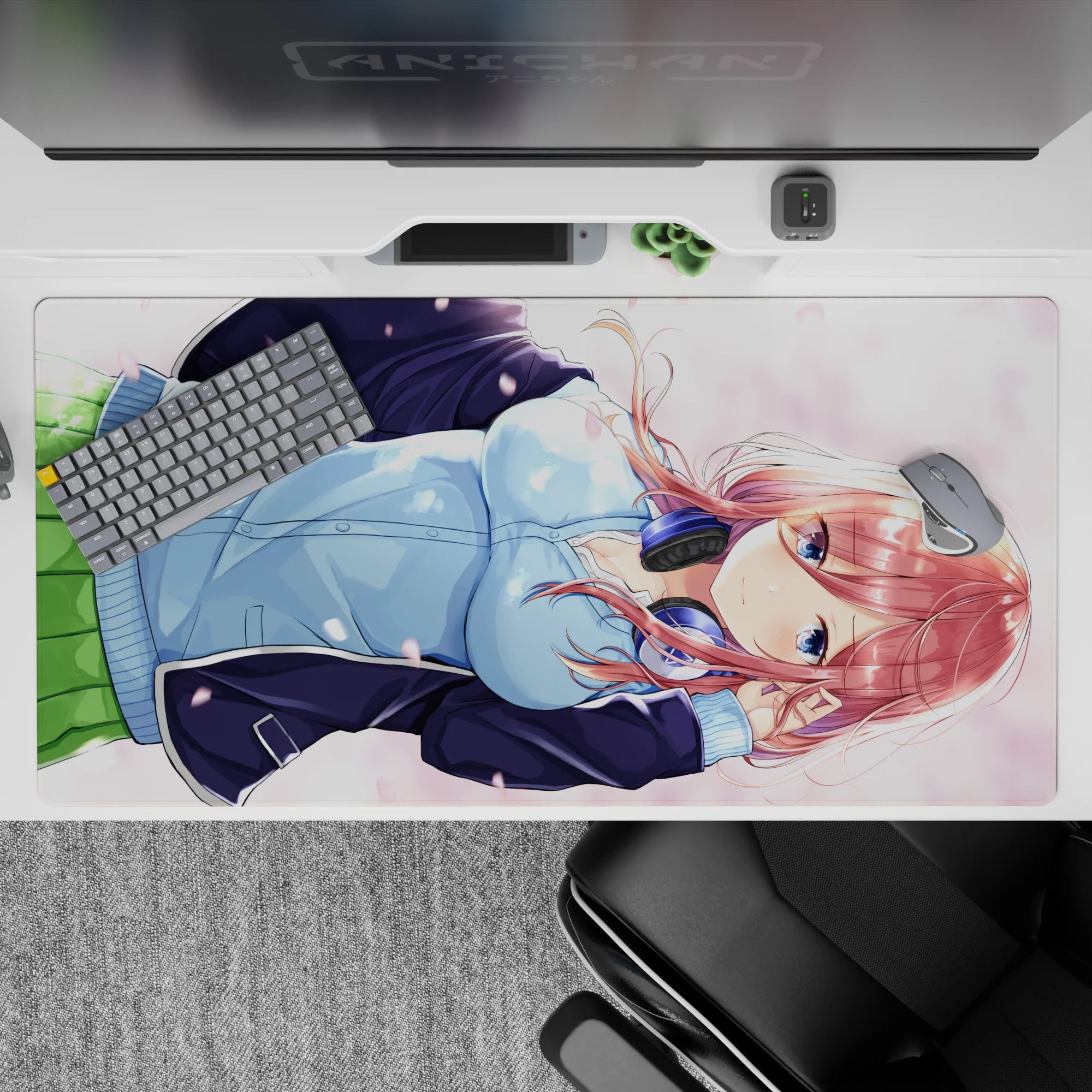 Pastel spring romance desk pad 40x20 inches in soft pinks and blues, calming anime aesthetic.