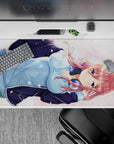 Pastel spring romance desk pad 40x20 inches in soft pinks and blues, calming anime aesthetic.