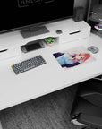 Red-haired blue-eyed anime girl with headphones and falling petals mouse pad 14x10 inches.