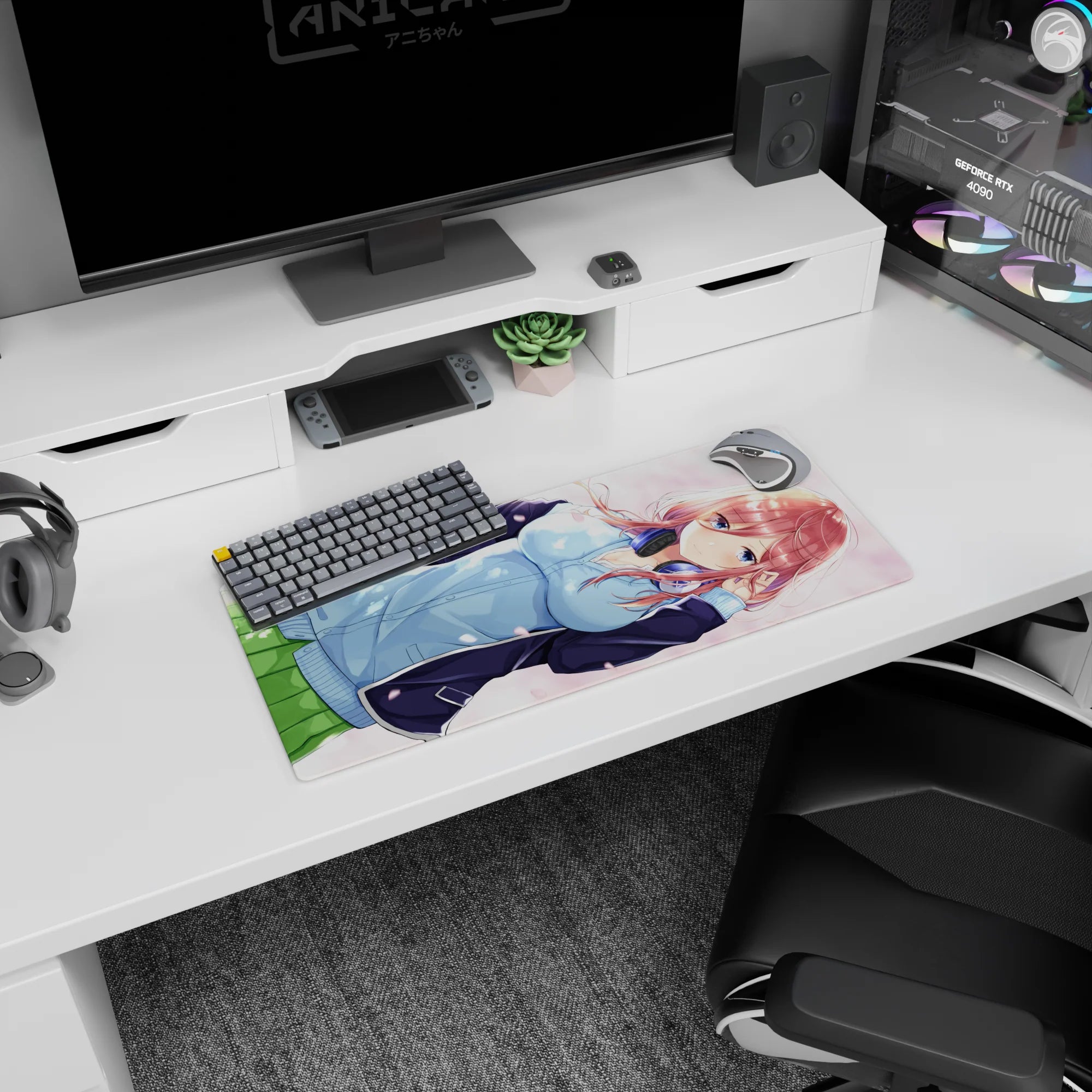 28x12 inches mouse pad showing a sweet red-haired anime girl under drifting pink petals, headphones at neck.