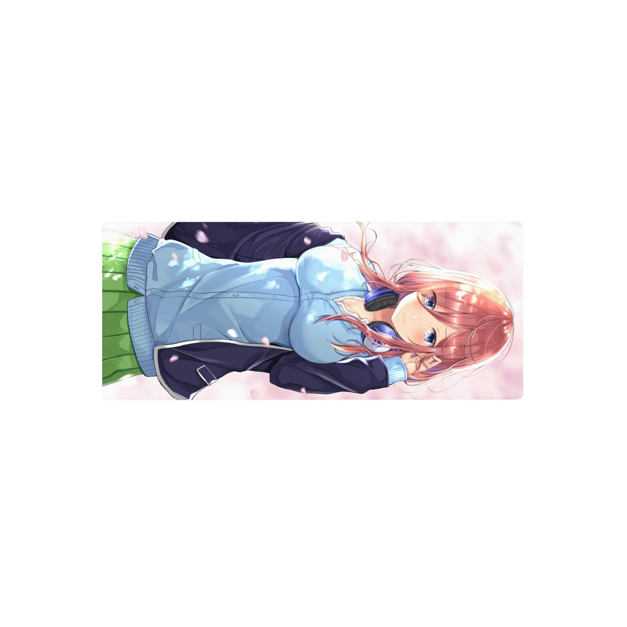 28x12 inches anime girl mouse pad with red-haired girl, blue eyes, hoodie, petals, and headphones.