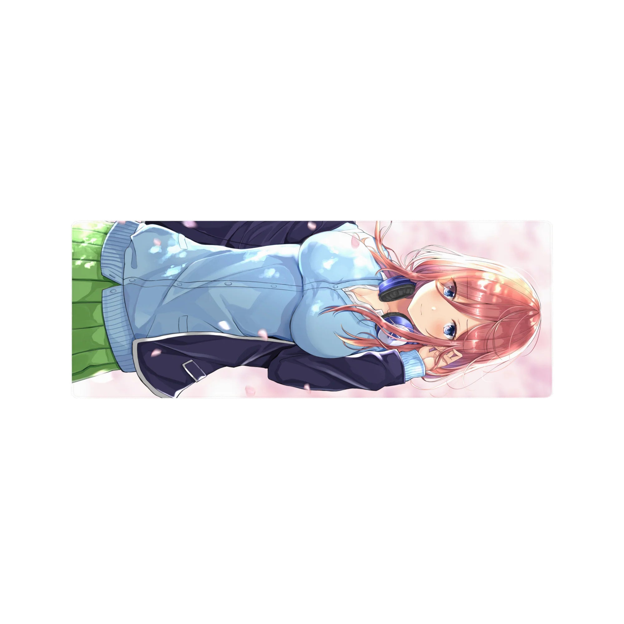32x12 inches anime girl mouse pad with red-haired girl, blue eyes, hoodie, petals, and clean line art.