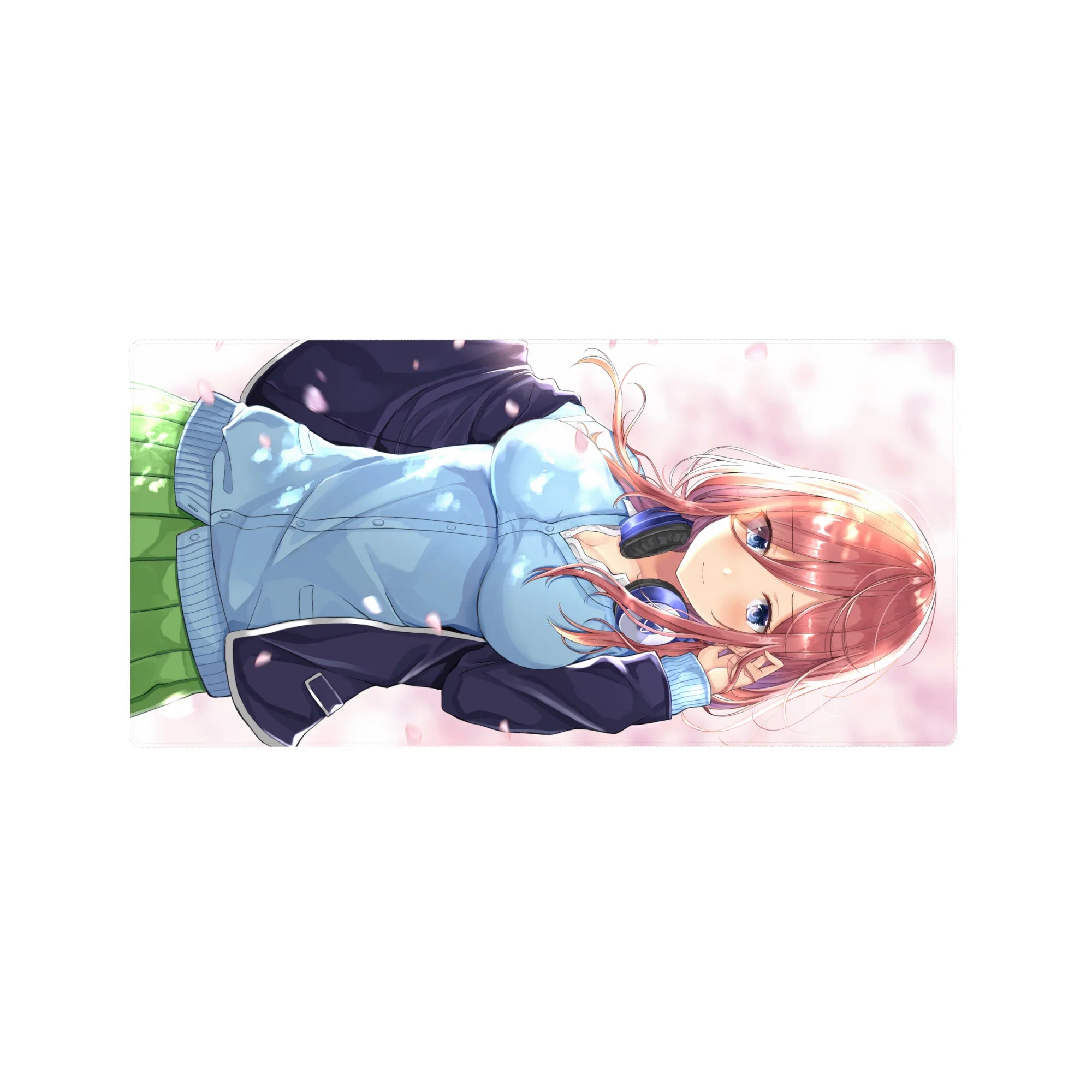 32x16 inches anime girl mouse pad with red-haired girl, blue eyes, headphones, blue hoodie, green skirt.