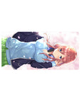 32x16 inches anime girl mouse pad with red-haired girl, blue eyes, headphones, blue hoodie, green skirt.